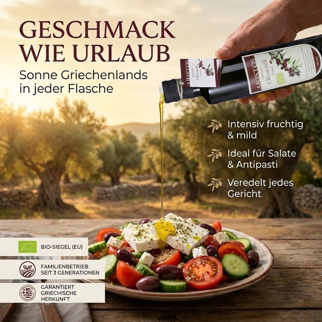 ARISTOS Bio-Olivenöl nativ extra, kaltgepresst – 3x 500 ml Koroneiki-Olivenöl naturtrüb, direkt vom Erzeuger - Premium-Qualität, handgeerntet, ungefiltert, vegan & nachhaltig - Griechenland (Messinia)