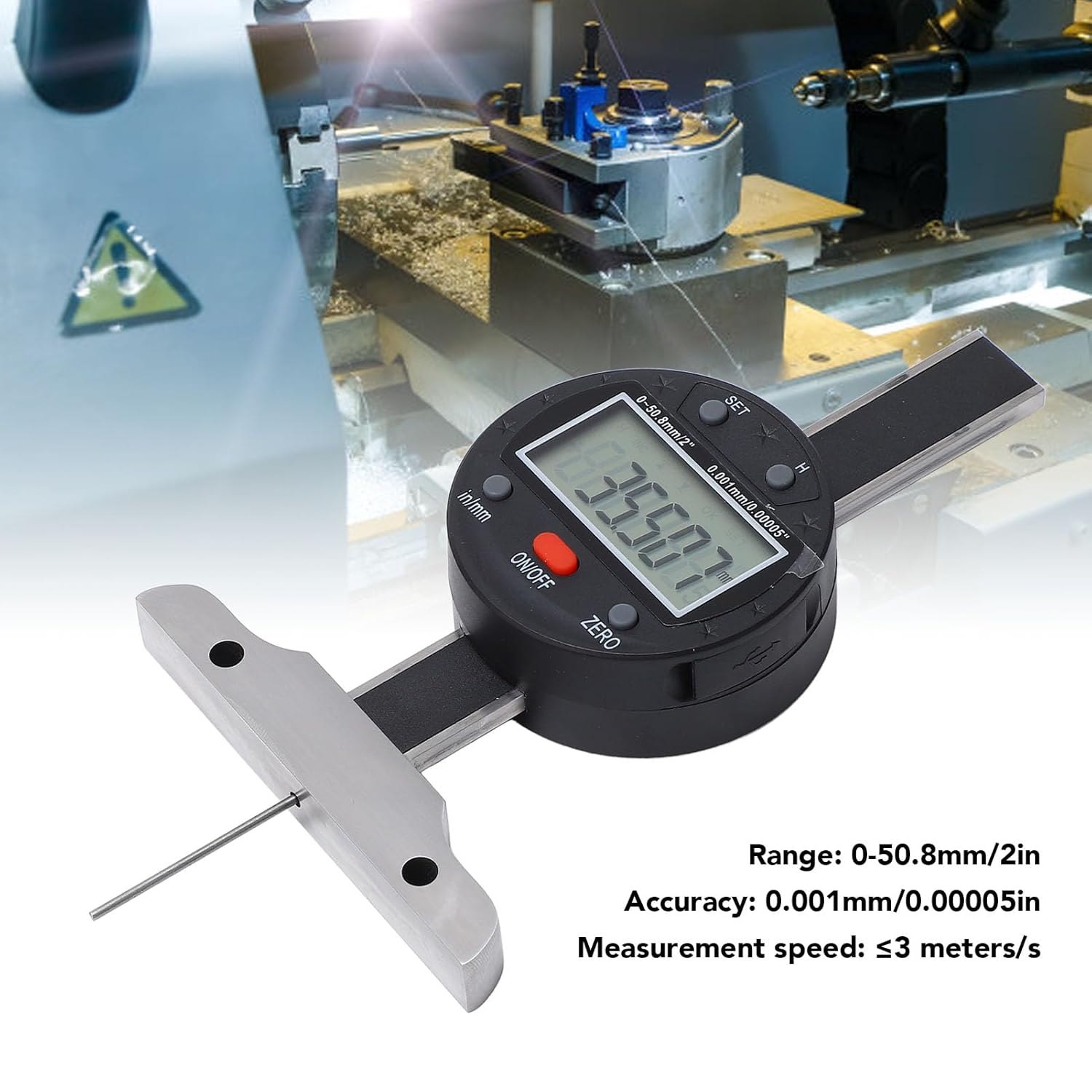 電子式深さゲージ、LCDディスプレイ付きデジタル深さ計、測定範囲0～50.8mm、精度0.001mm、USBデータ転送機能、精密測定