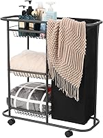 Vista 11 de Cesta de lavandería con 3 cestas de almacenamiento y bolsa de 45 L, carrito de lavandería resistente con ruedas y asa, ahorro de espacio