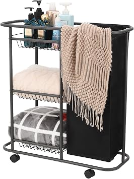3-Tier Rolling Laundry Cart with Wheels and 45L Bag, Black | Between Washer and Dryer, Heavy Duty, For Narrow Space Laundry Room Bathroom Bedroom