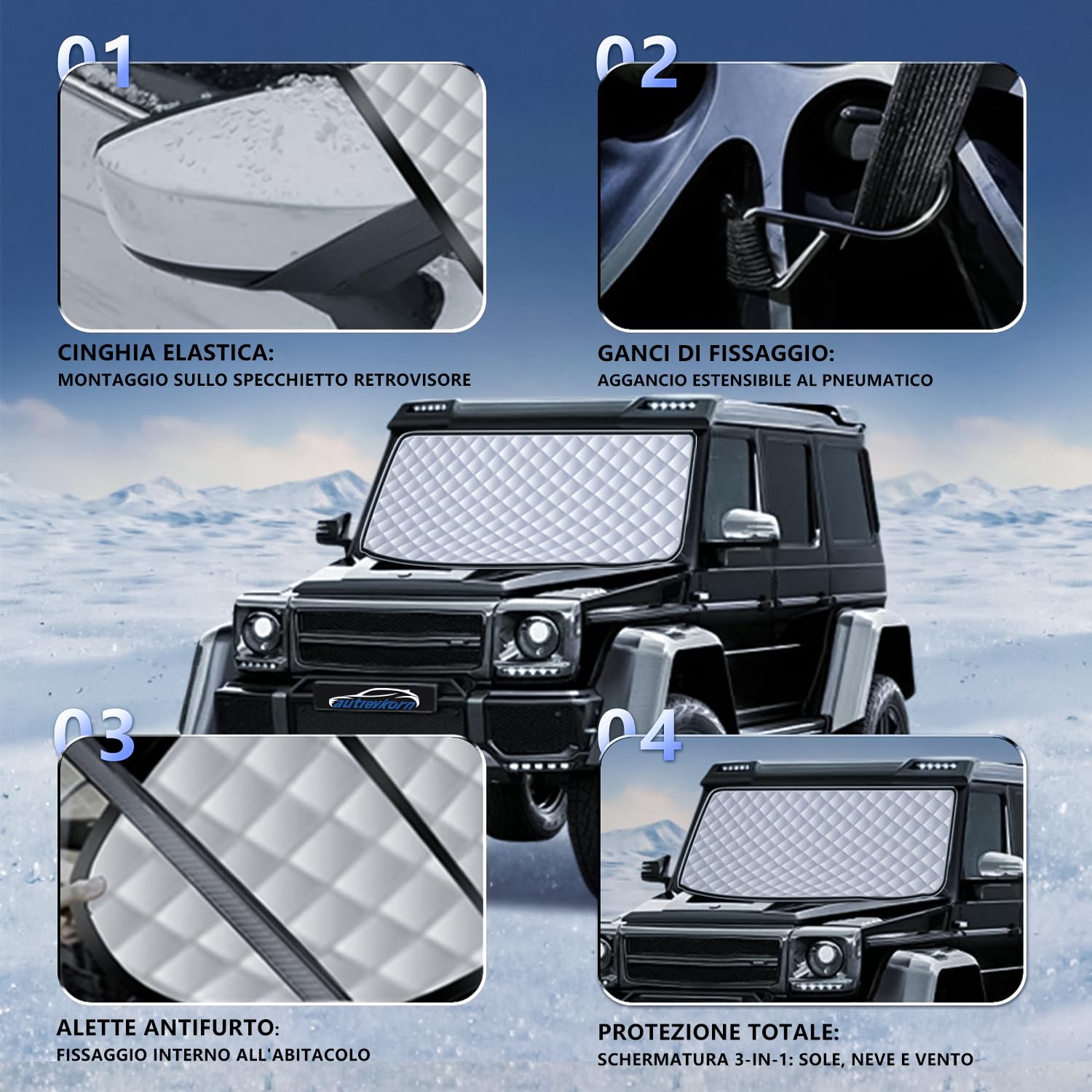 Copri Parabrezza Auto Ghiaccio 193x157x126 cm, 5 Magneti, Copertura Parabrezza Auto Pieghevole Contro Neve, Ghiaccio, Brina, Polvere, Sole con Sacchetto di Stoccaggio