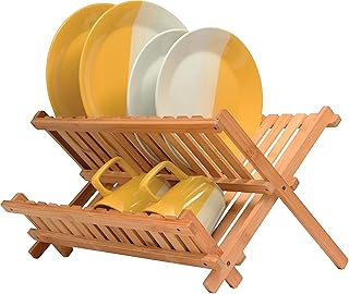 Dish Drying Rack - Bamboo Dish Rack for Kitchen Counter, Collapsible 2-Tier Wooden Drying Rack for Dishes, Plates, Cups, Utensils - Foldable Dish Drainer, Space-Saving Kitchen Drying Rack Organizer