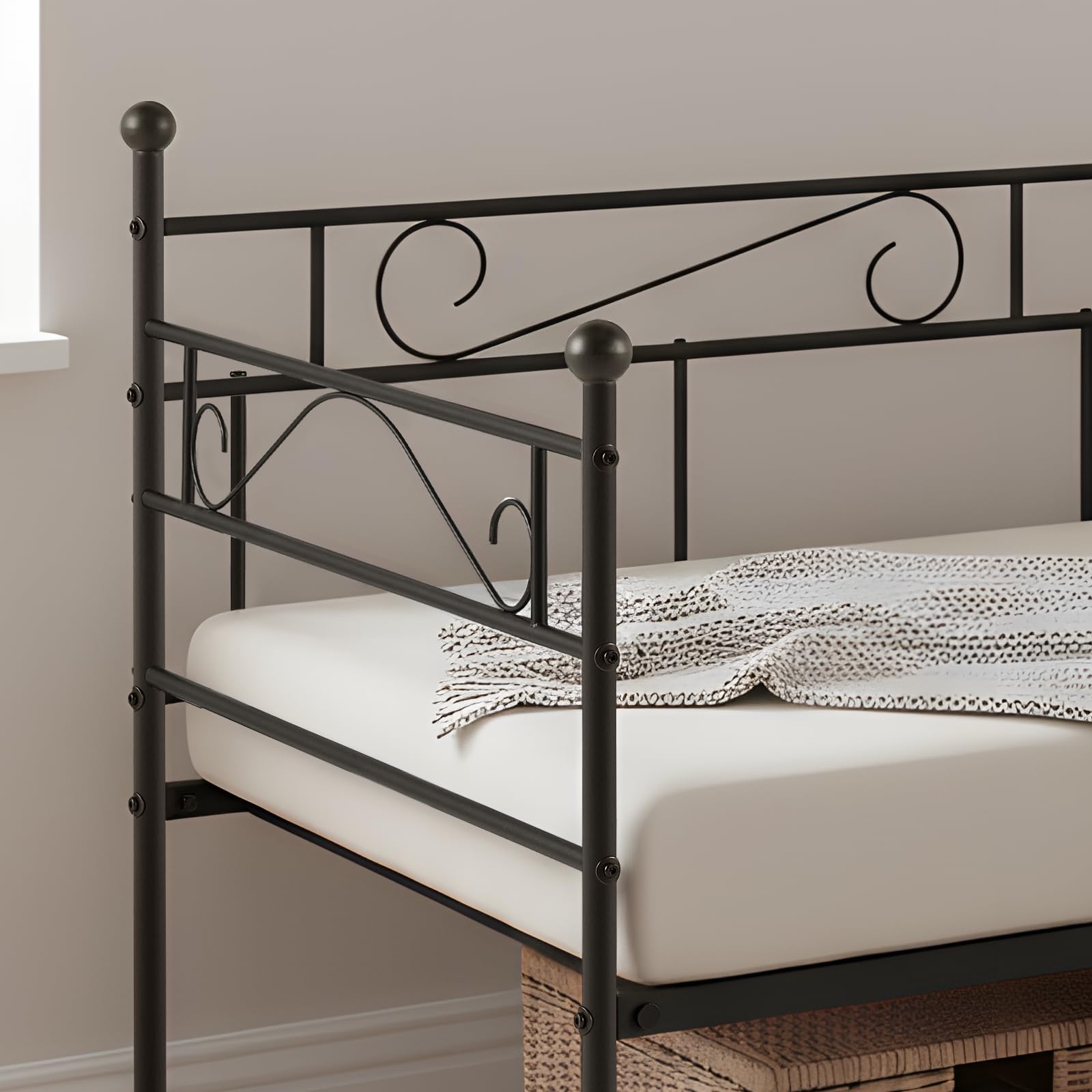 Divano Letto 90x190cm, Struttura Letto Singola in Metallo, Spazio per Riporre gli Oggetti Sotto Il Letto, Letto Singolo, Adatto Per Soggiorno, Camera da Letto o Balcone, Nero