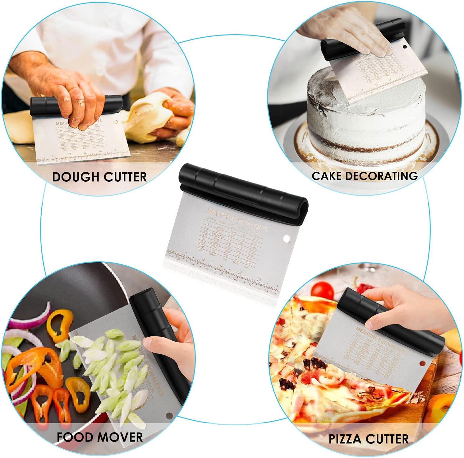 NanaHome Bench Scraper for Baking, Stainless Steel Dough Scraper Cutter and Flexible Plastic Bowl Scraper Set - Pastry, Pizza Cutter, Baking Tools with Measurement, 2 in 1 Kitchen Scraper (Black)
