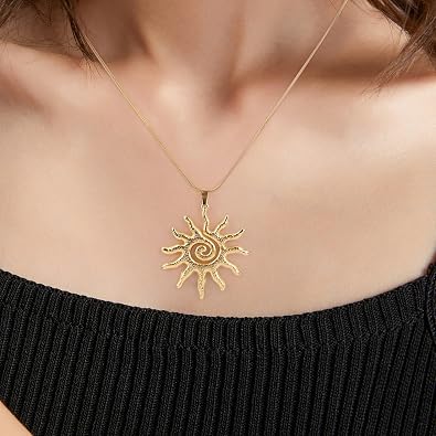 Mikovivi Magical Sun Pendant Necklace for Women, Dainty Gold Sunburst Sunflower Charm Solar Pendant Necklace Elegant Statement Jewelry Gifts