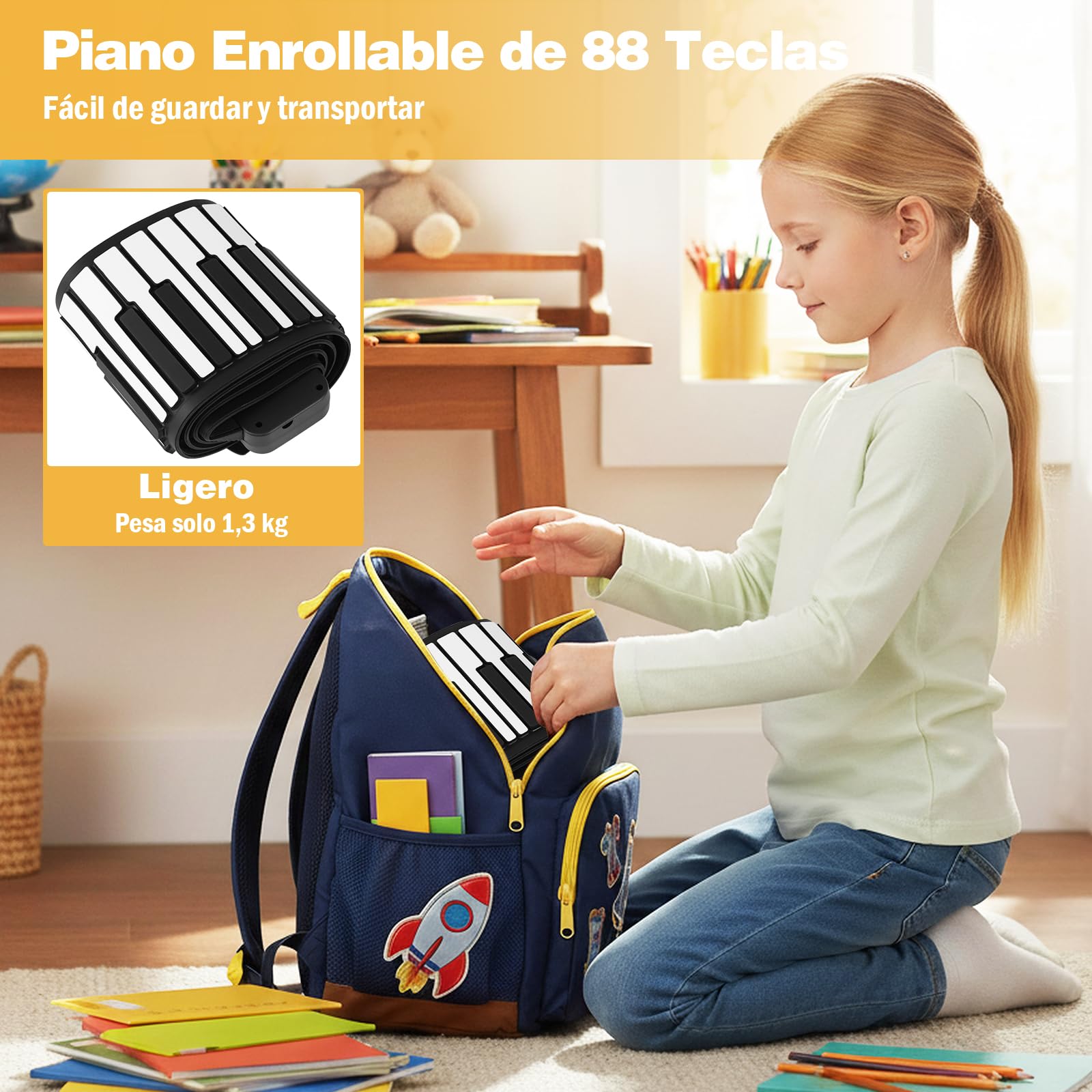 GOPLUS Piano Digital Enrollable, Teclado Plegable de 88 Teclas con 128 Ritmos y Sonidos, 14 Demostraciones, Interfaz MP3/USB/MIDI, Conexión Inalámbrica, Pedal de Sustain, para Principiantes