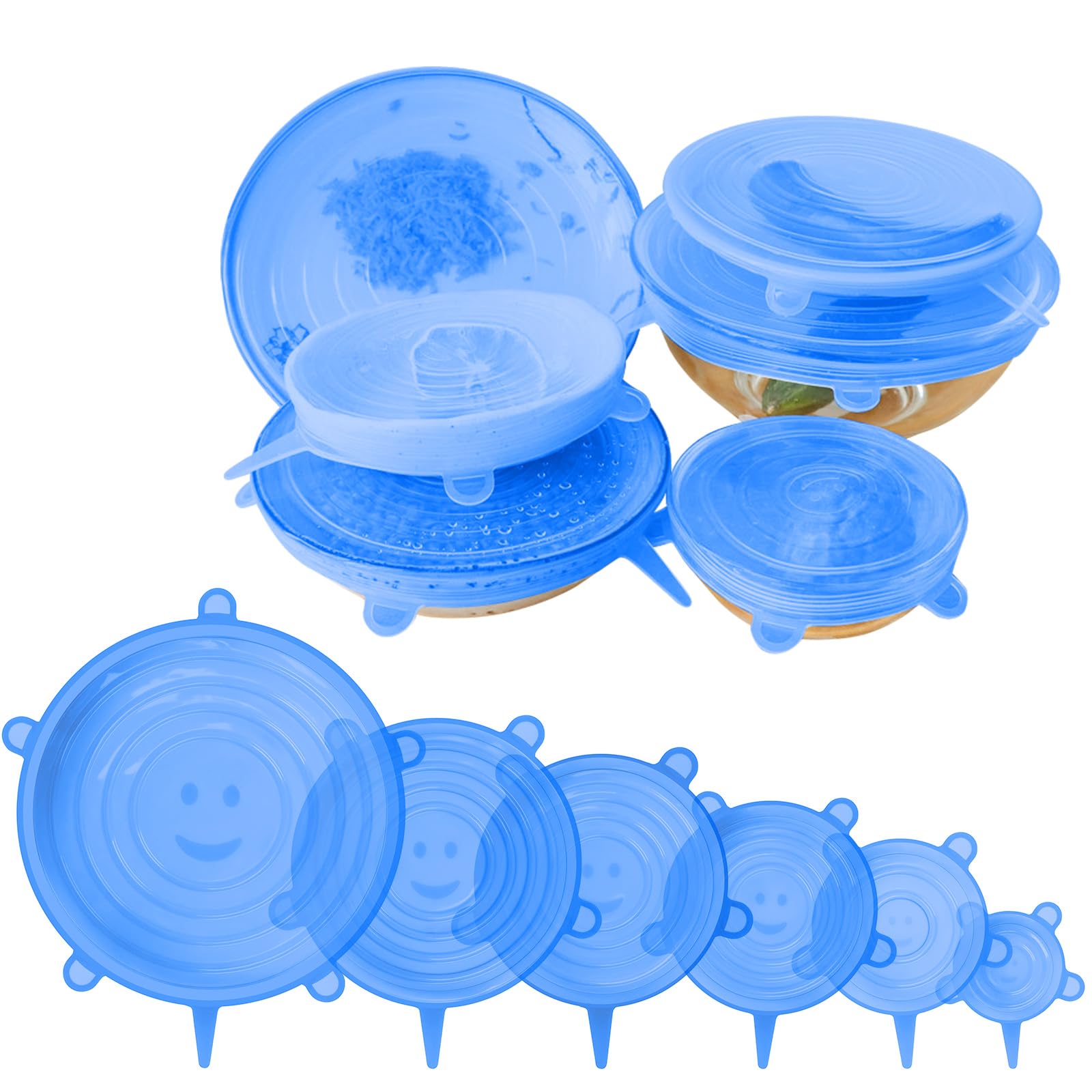 6 PCS Silicone Lids Food Covers, 6 Different Sizes Reusable Lids for Cups Bowls, Silicone Stretch Lid Microwave Freezer Can, 100% Safe Food Grade Round Shaped Tin Cover (Blue)
