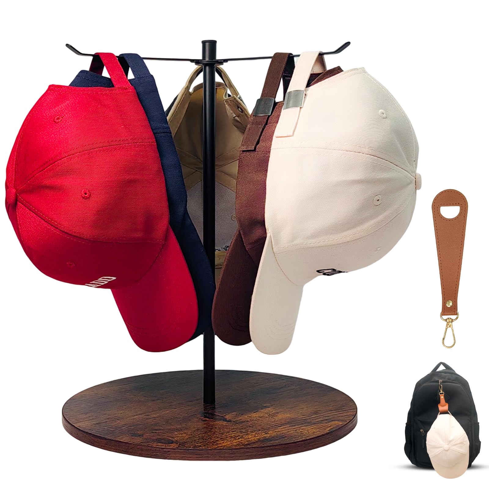 Présentoir en bois rotatif et robuste pour ranger 12 casquettes et lunettes