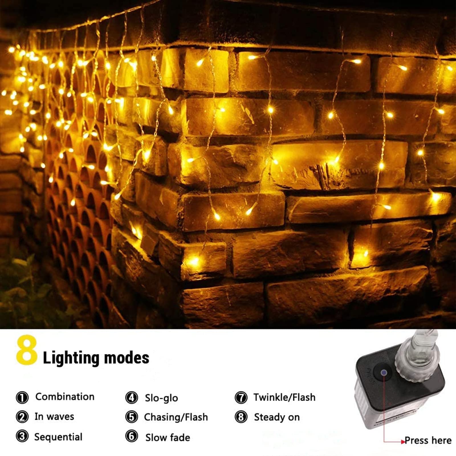 BrizLabs Natale Cascata Luci Esterno, 20M 600 LED Luci Stringa Natalizie Tenda Luminosa Bianco Caldo Spina 8 Modalità Impermeabile Lucine Decorazioni per Interno Casa Feste Giardino Finestra Balcone