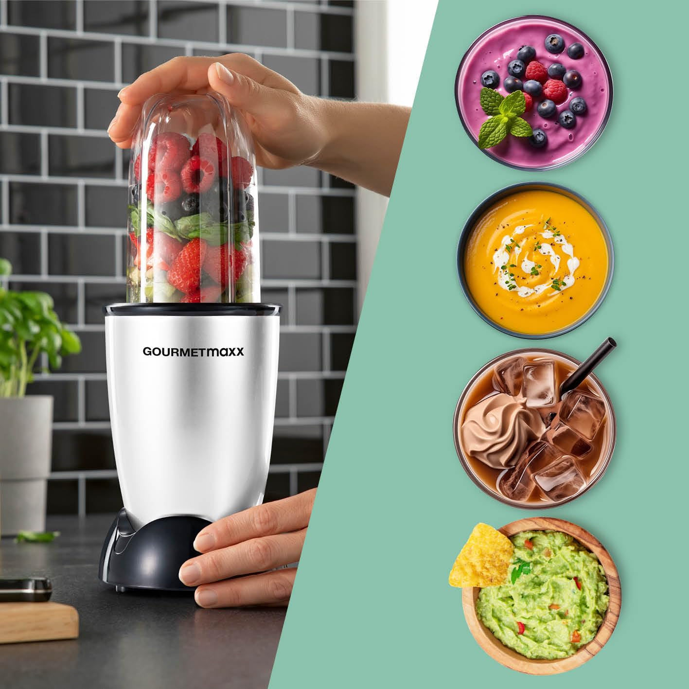 Collage showing the GOURMETmaxx Mr. Magic Power Pro Blender preparing various items: a berry smoothie, pumpkin soup, iced coffee, and guacamole.