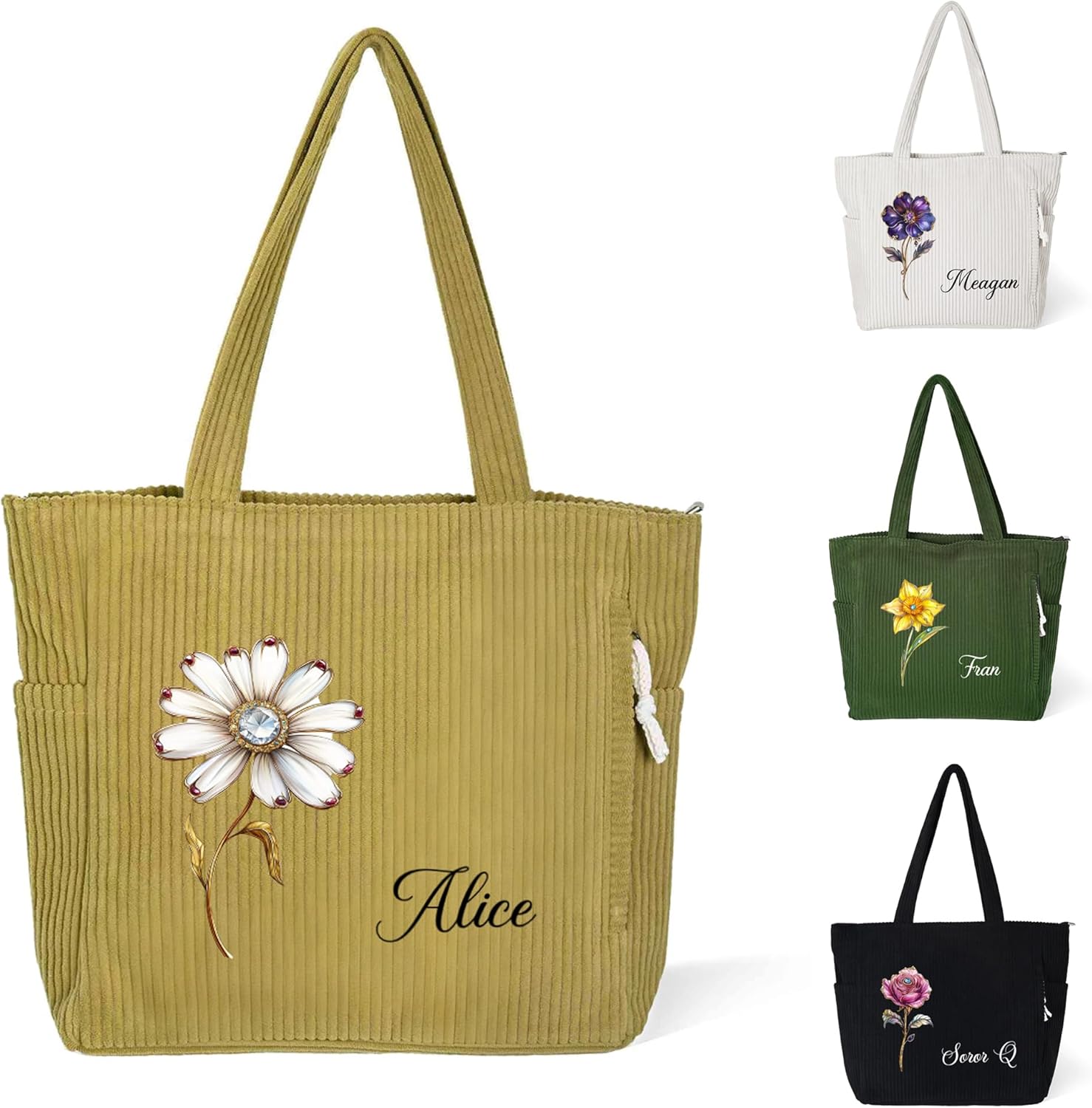 CALLIE Personalized Corduroy Tote Bag | Custom Name Birth Flower Tote bag | 4 Color Options 15.7″ × 3.9″ × 12.9″ | Corduroy Shoulder Bag with Inner Pockets for Work Beach Travel and Shopping Grocery