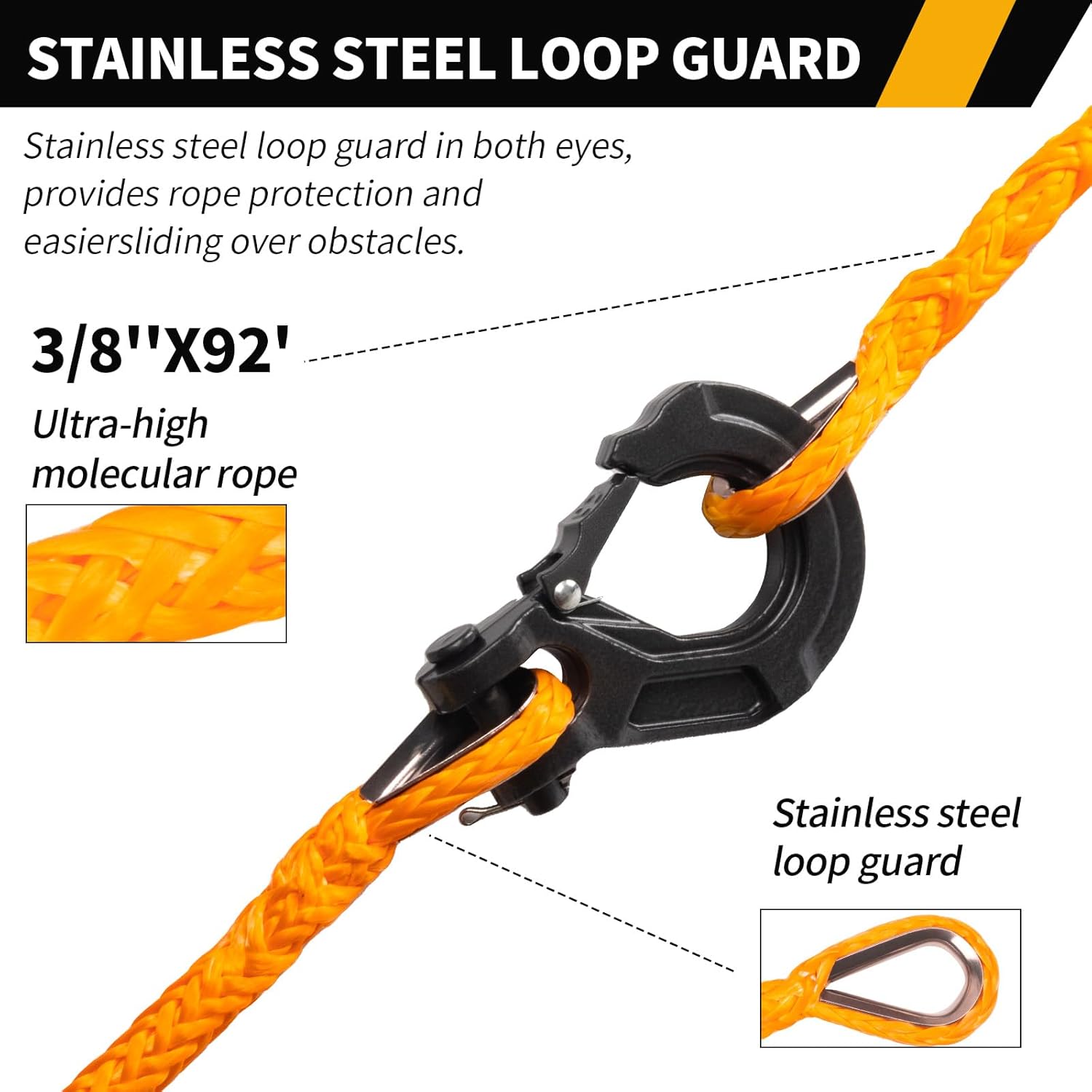 3/8 Inch x 92 Feet Synthetic Winch Rope Extension 26,500 Lbs for Off Road Vehicle ATV UTV SUV Orange