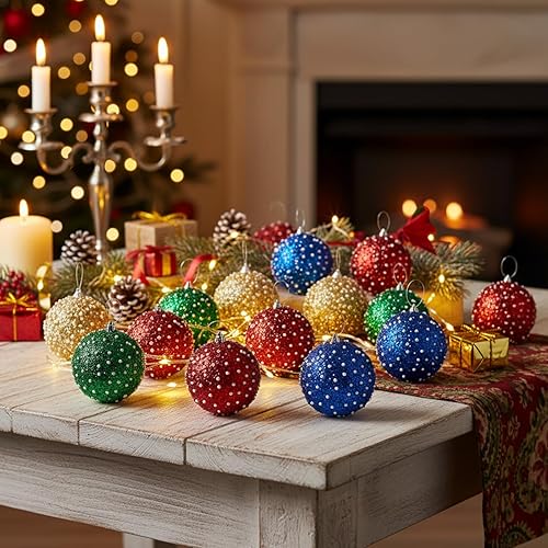 Vista 136 de Lyrow Juego de 24 adornos de bolas de Navidad con purpurina de 4 pulgadas, bolas de Navidad a granel, adornos colgantes de espuma de lentejuelas
