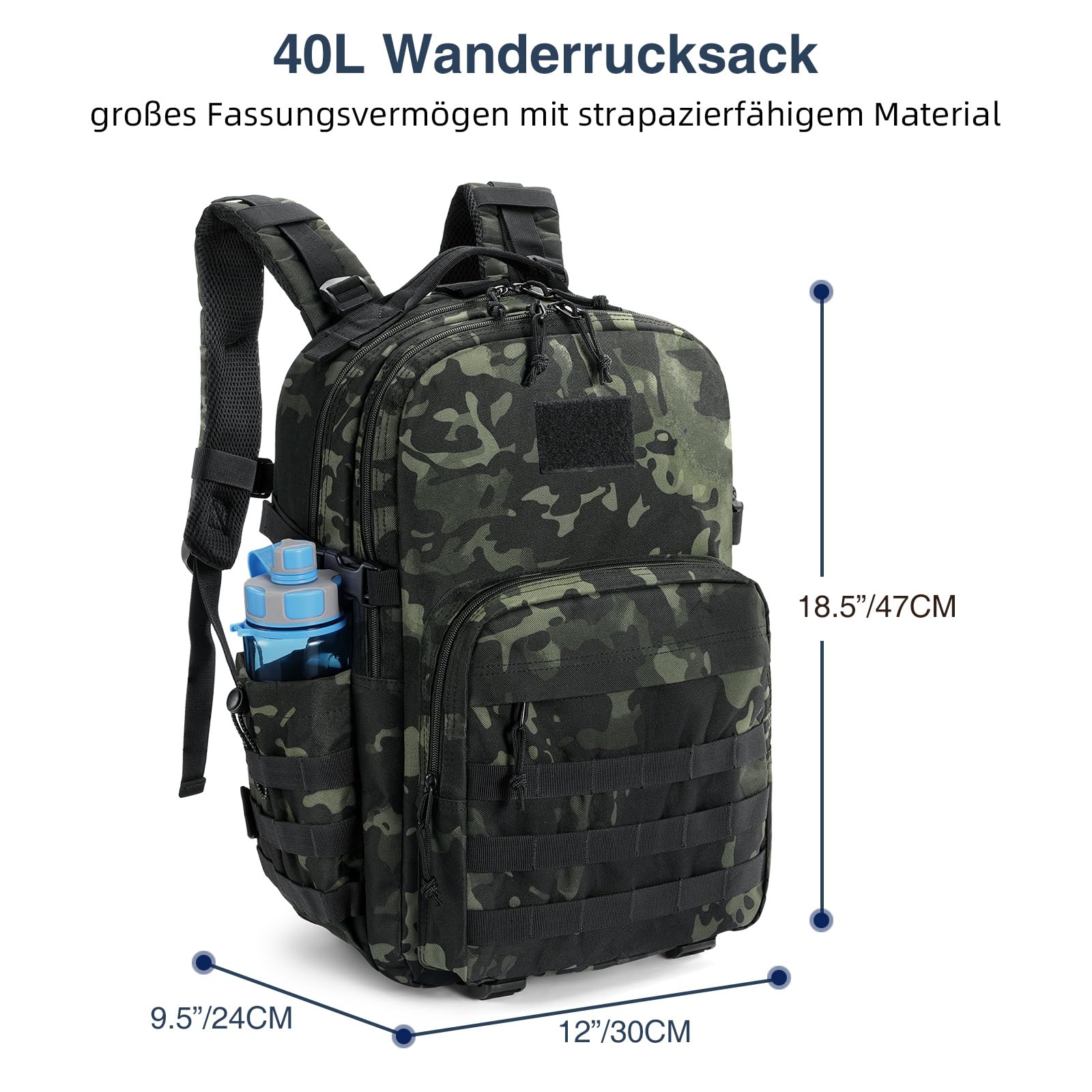 Taktischer Rucksack, 40 L Militär Outdoor Rucksack, großer Tagesrucksack für Herren und Frauen, Wanderrucksäcke mit Wasserflaschentasche