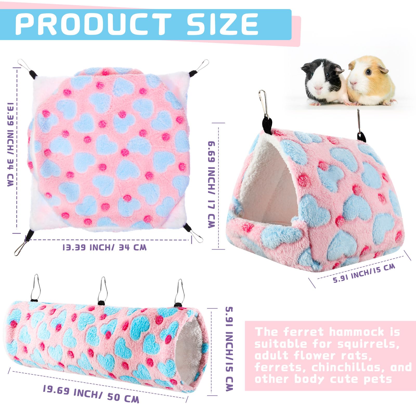Abbylike Set di 9 amache calde per topi e piccoli animali, tunnel da appendere, giocattolo per porcellini d'India, furetti, criceti, gabbie, accessori per furetti, cincillà, amaca, dormienti,