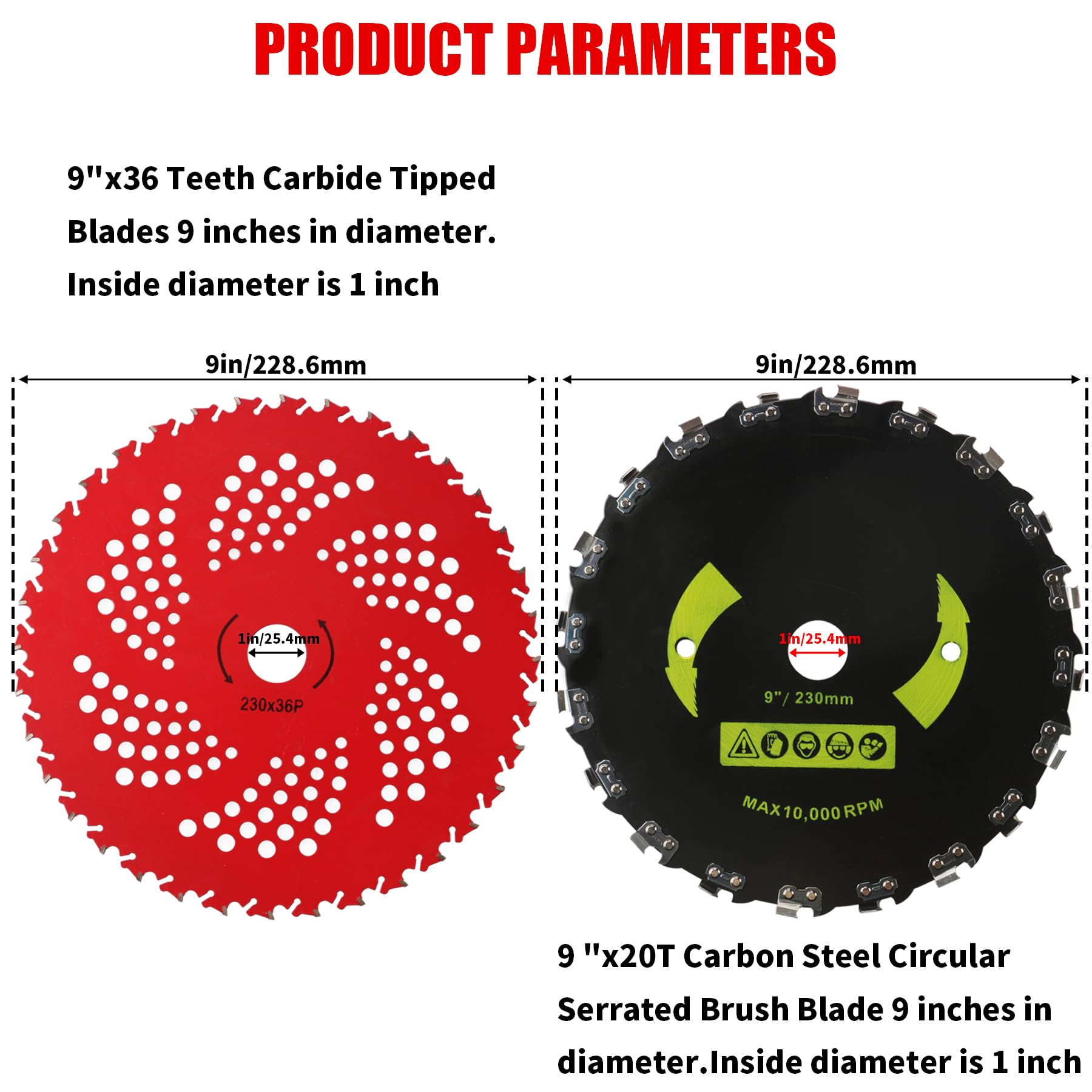 Cuchillas de corte de cepillo con punta de carburo de 9 pulgadas x 36 dientes, hoja de 9 pulgadas x 20T de acero al carbono, cuchillas redondas de cepillo de dientes de motosierra compatibles con