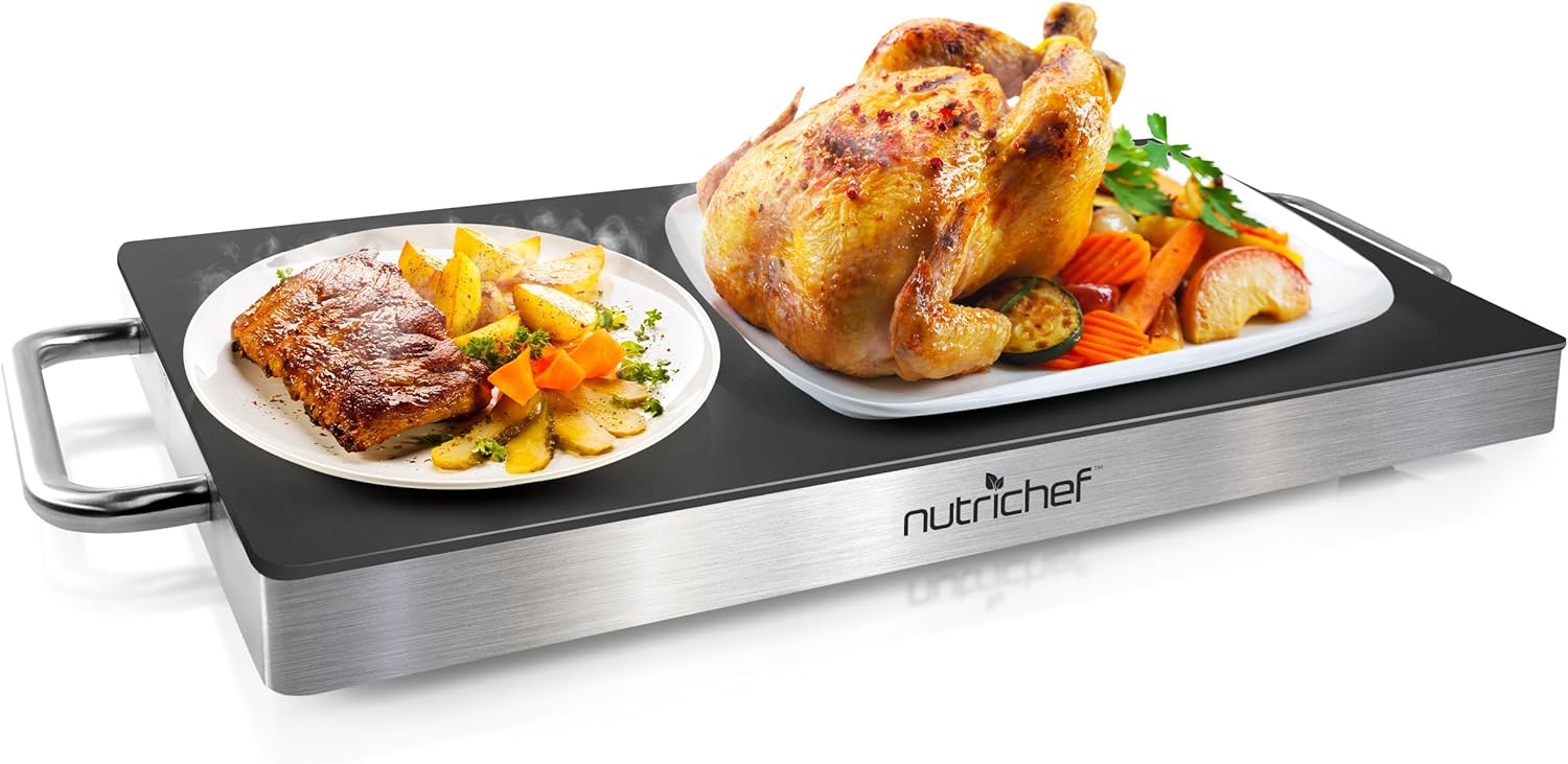 Nutrichef Electric Hot Plate Tray Dish Warmer with Black Glass Top - Ideal for Home, Buffets, Parties, Kitchens & Restaurants - Warming Tray for Food - Tortilla Warmer - Dimensions: 16.5 x 11 Size 16.5 x 11 Inches Stainless Steel