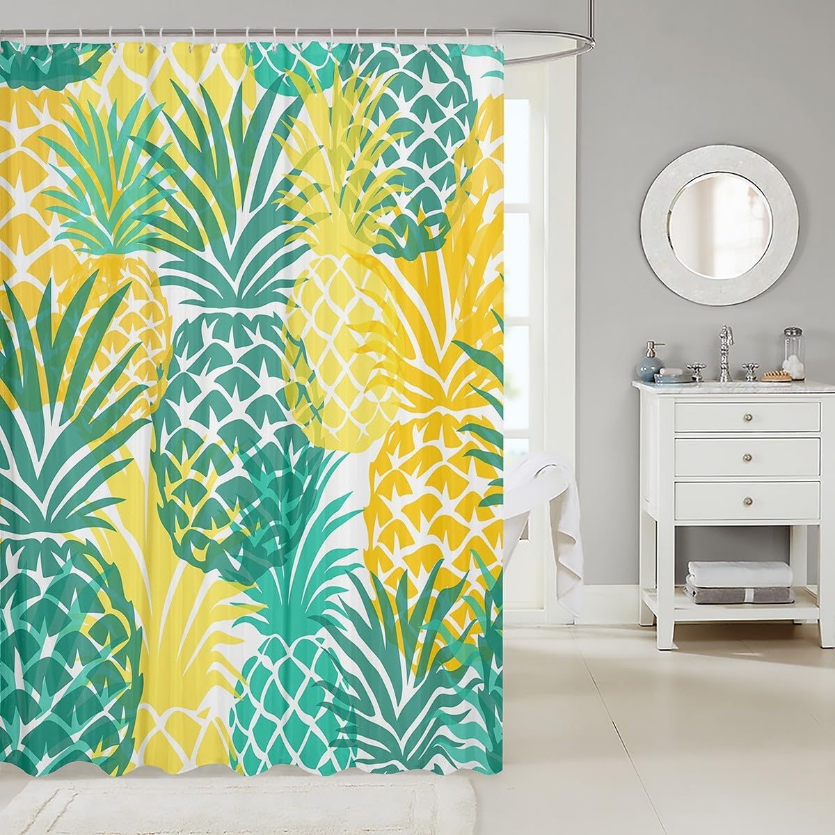 Pineapple Shower Curtain for Bathroom Bathtubs Green Yellow Fruit Waterproof Bath Curtain Girls Women Tropical Pineapple Bathroom Shower Curtain Set Polyester Fabric Bathroom Accessories 72" X 78"