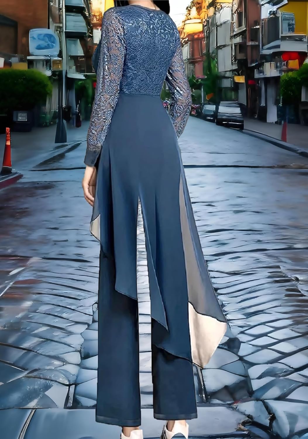 Chiffon High-Waisted Applique Mother of the Bride Pant Suits Formal Lace Beading Wedding Guest Jumpsuit for Women