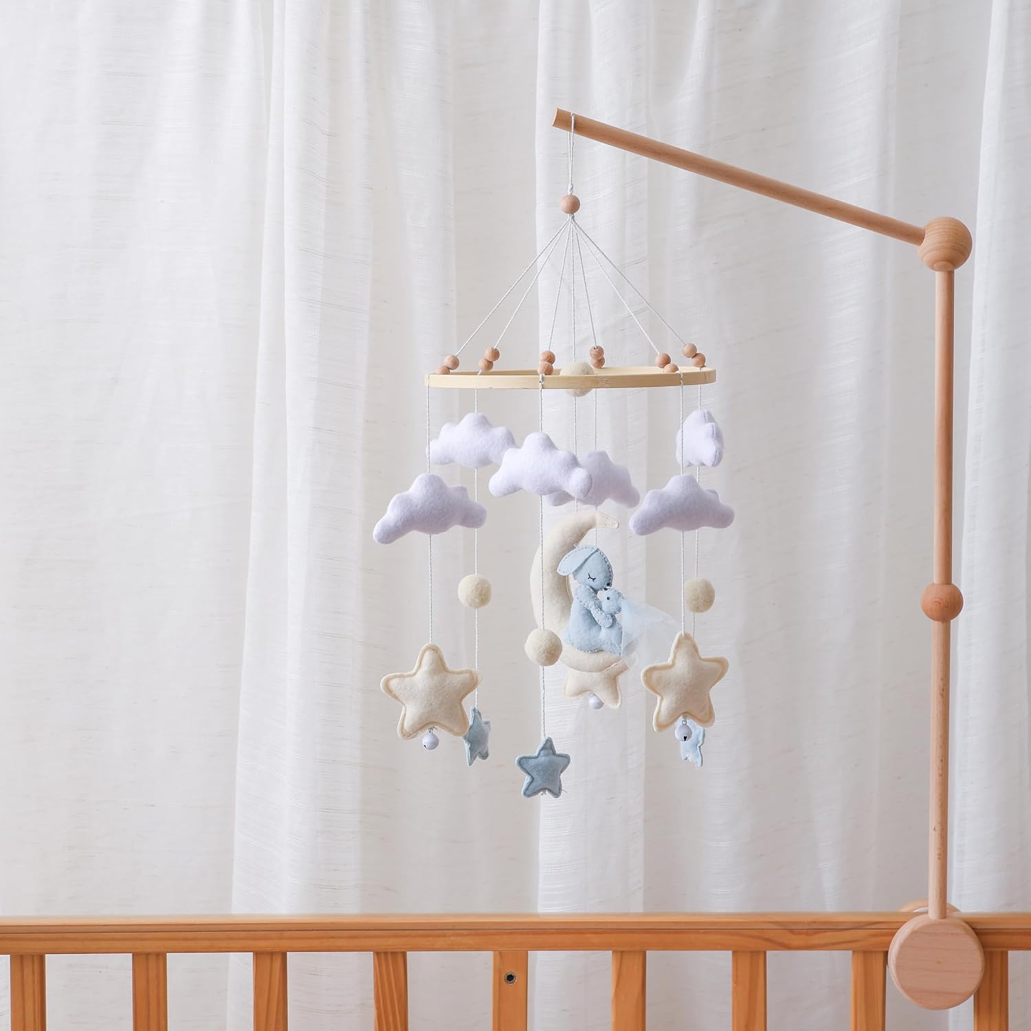 Baby Crib Mobile with Felt Bunny on Moon, Stars and Clouds, Wooden Nursery Mobile for Baby, Soothing Hanging Toy for Infant Crib, Perfect for Nursery and Bedroom Decor
