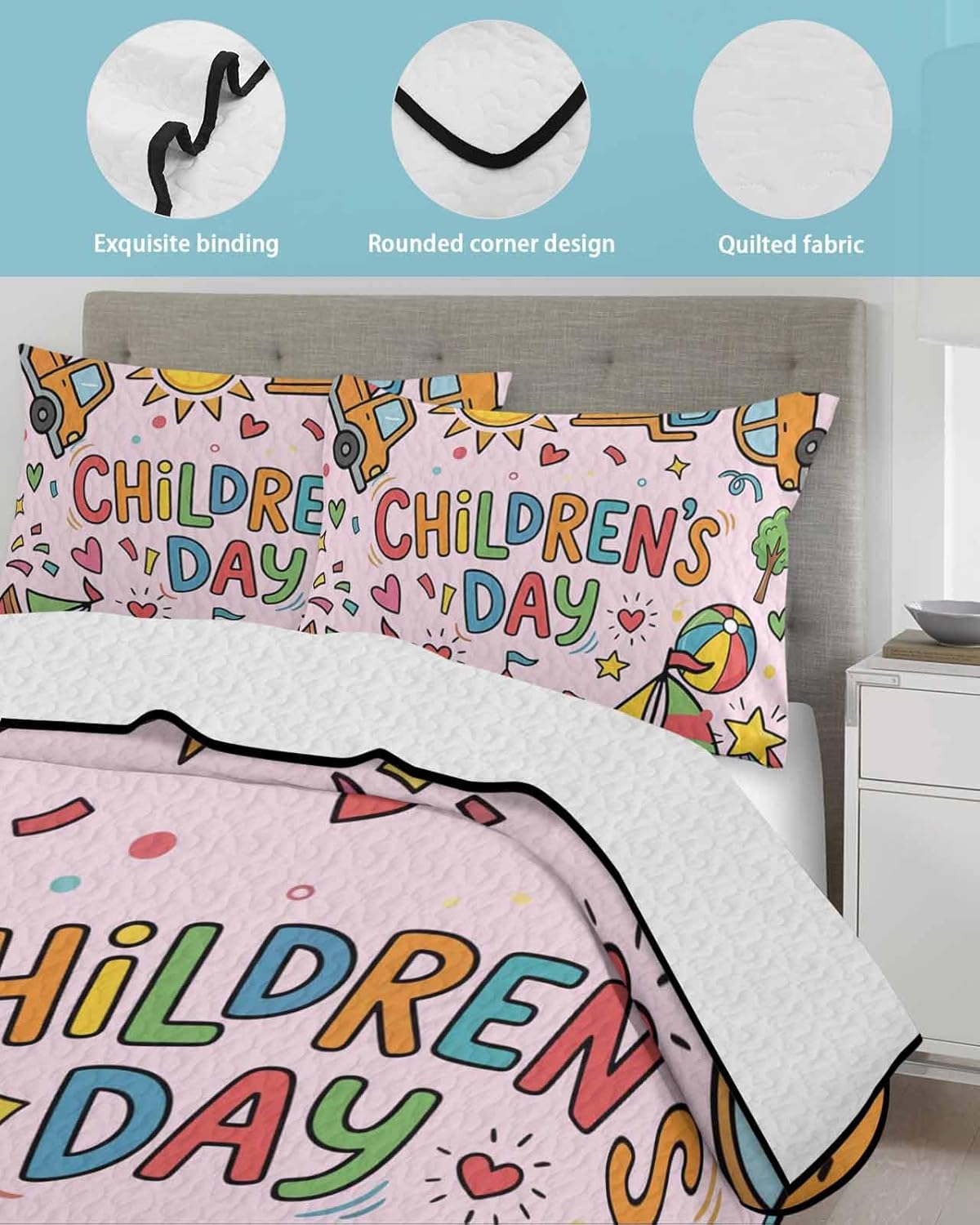Full Size Quilt Bedding Set, Pink Children's Day Lightweight Summer Quilt 3 Pieces Bedding Sets, Car Tree Stars Modern Abstract Art Cartoon Reversible Soft Bedspreads Coverlets with 2 Pillow Shams