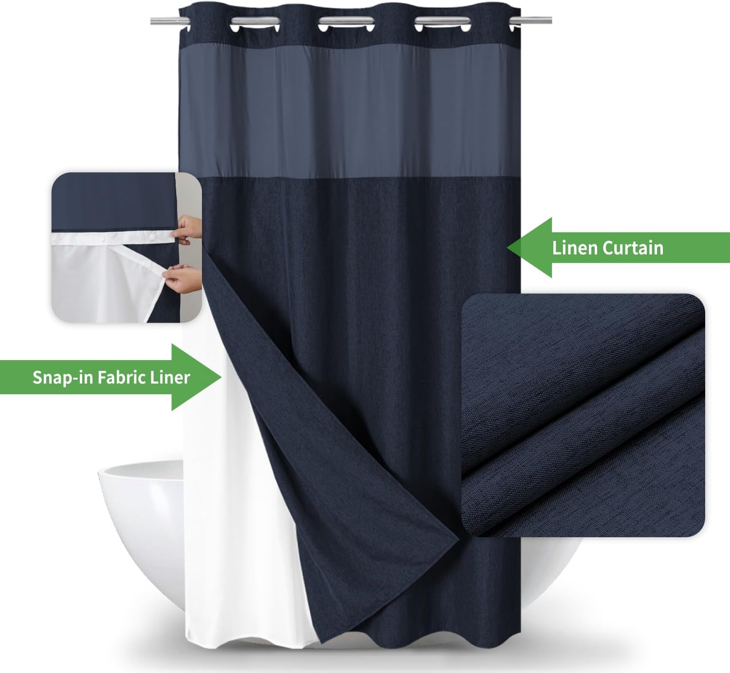 Stall No Hooks Needed Linen Textured Shower Curtain with Snap-in Fabric Liner Set,Hotel Luxury Decor Farmhouse Shower Curtains for Bathroom,Waterproof & Washable,54Wx80H,Navy Blue