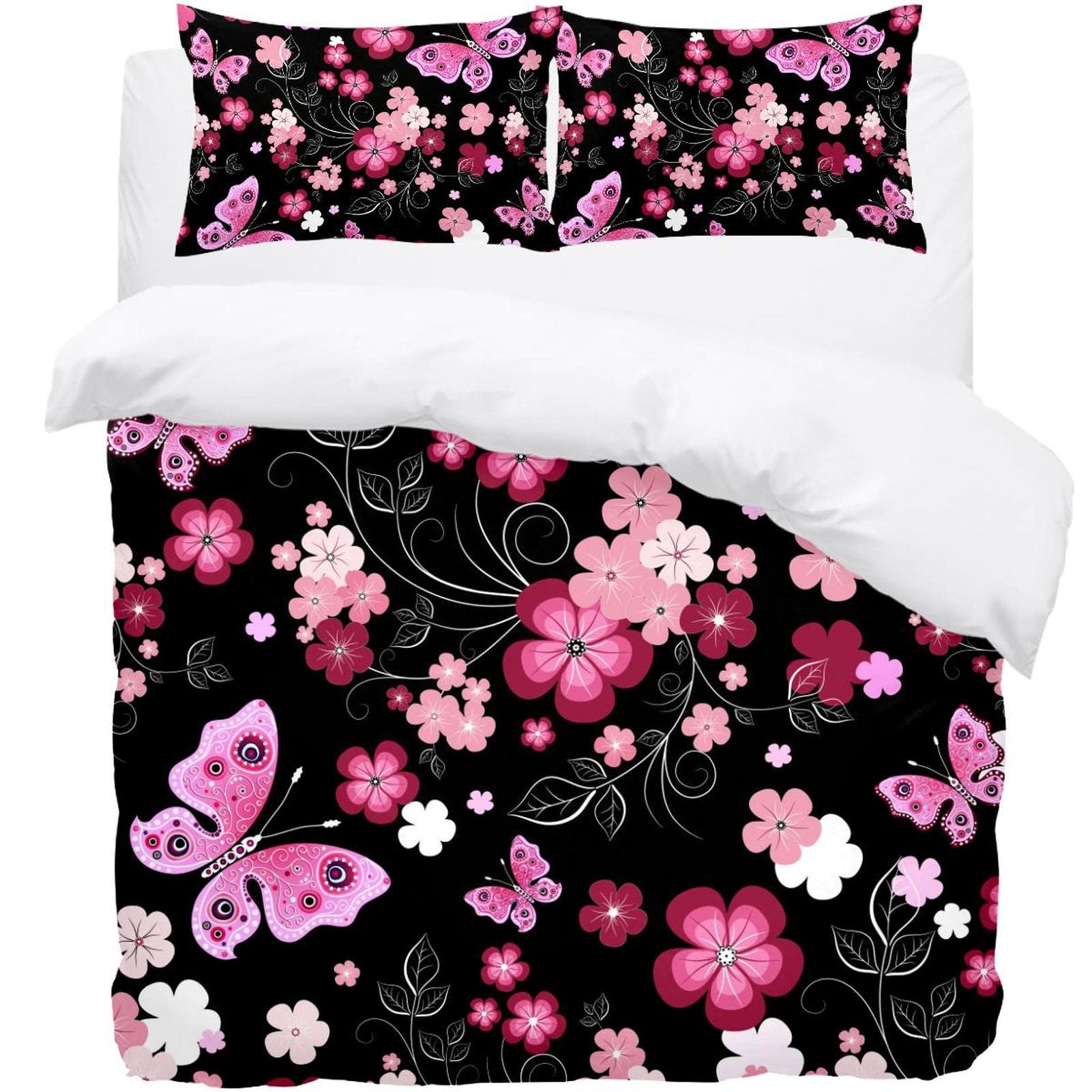 Parure de lit housse de couette et taie motif floral foncé papillon