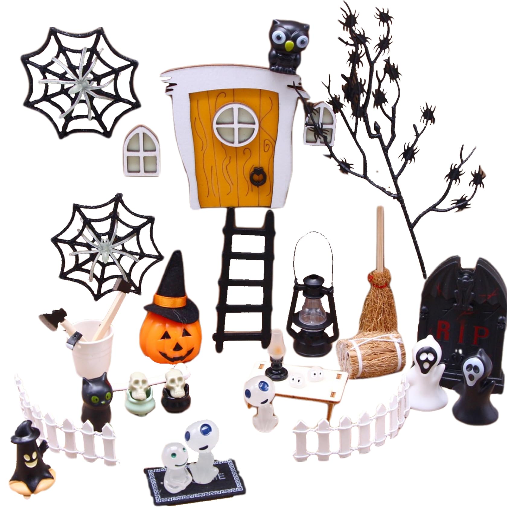 Grsrkep 35Pcs/Set Halloween Miniatures Kit Horror Dollhouse Halloween Craft Supplies DIY Mini Waterproof Glowing Village Accessories for Courtyards Fish Tanks Crystal Balls
