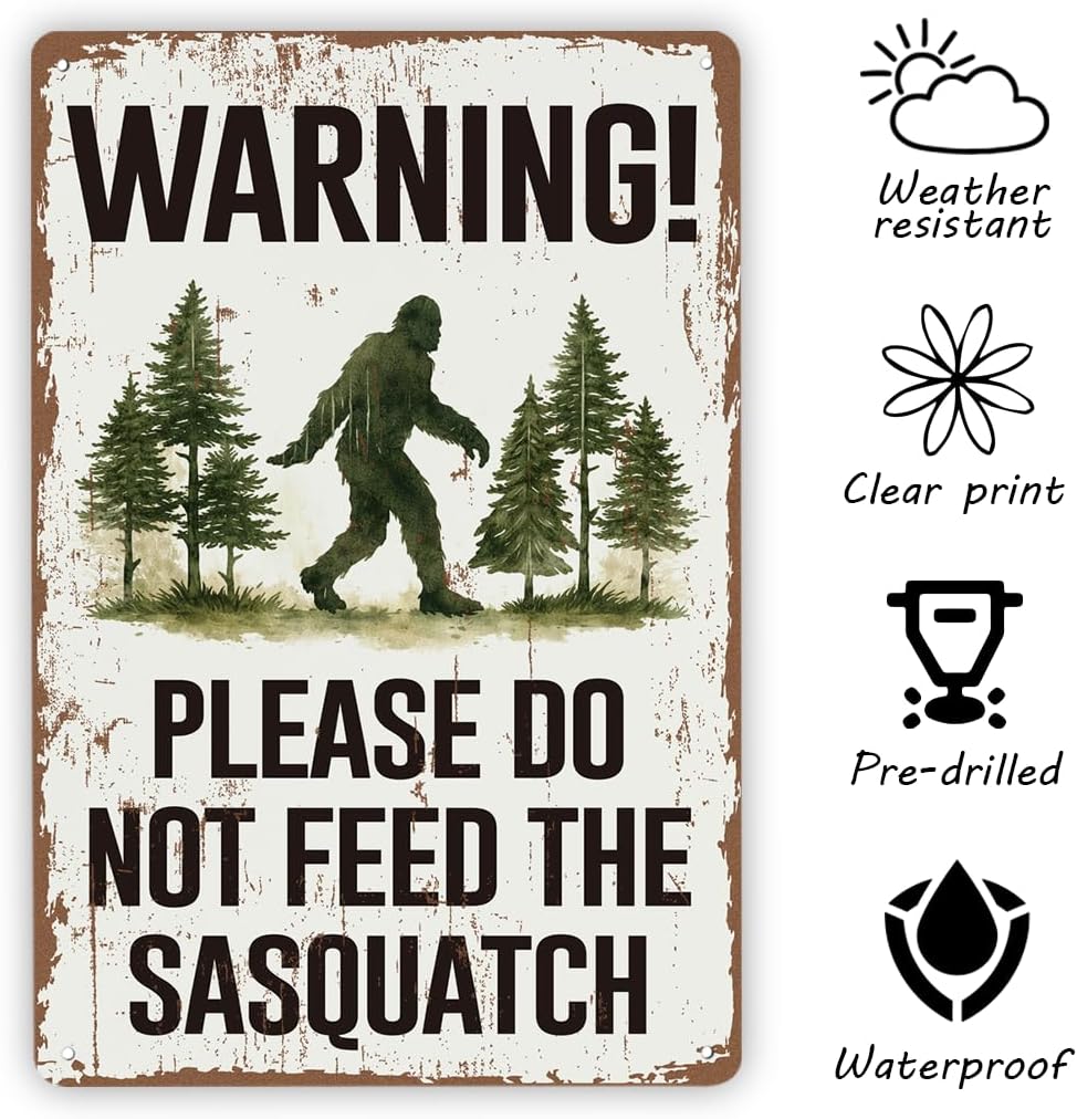 Metal Wall Signs for Indoor Outside, Warning Tin Sign, Funny Cabin Wall Decor, Rustic Forest Metal Poster, Bigfoot Lover Artwork, Patio Backyard Hanging Accent, 7.9x11.8 Inches image 3