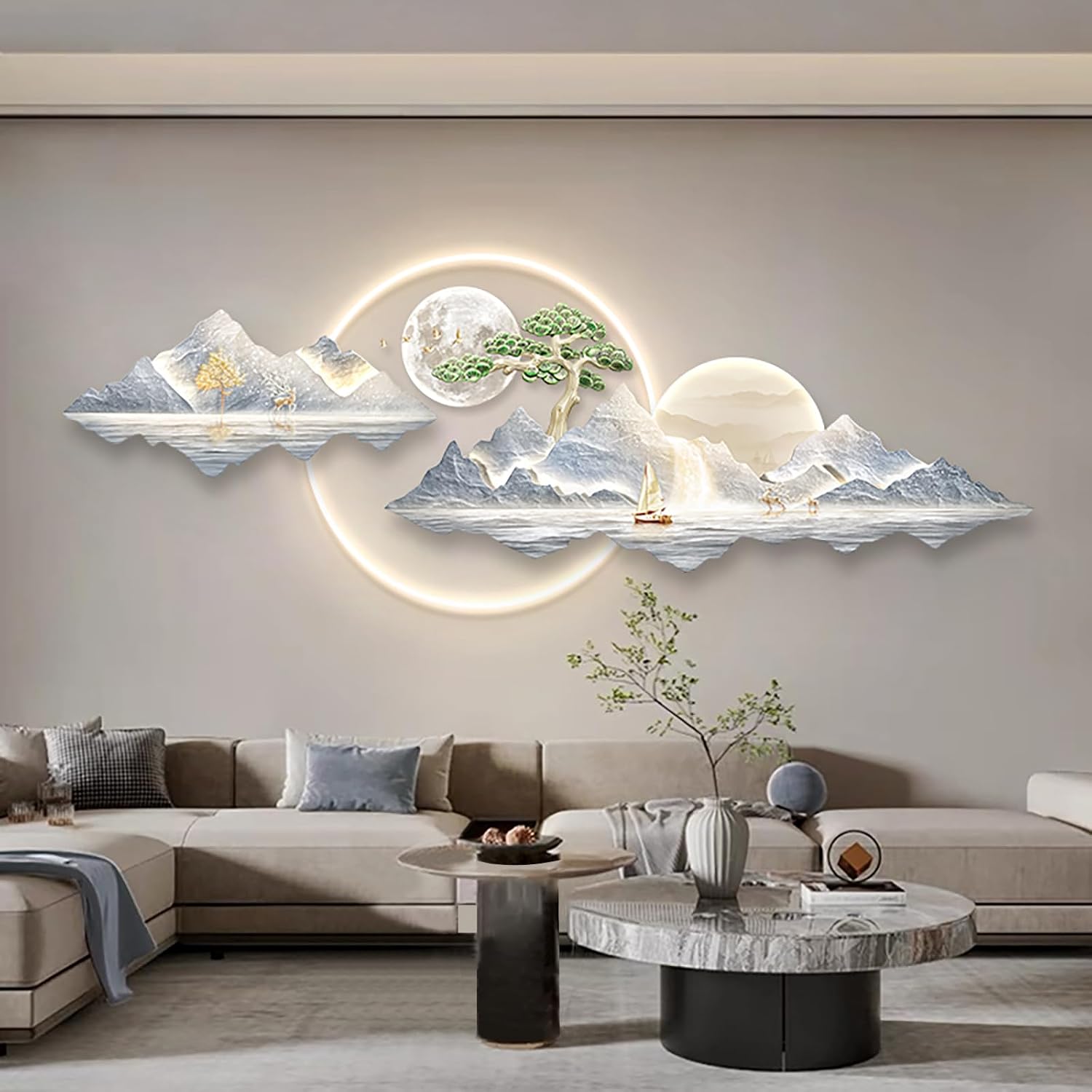 SUZEPER 3D Wall Art Decoration, Large Wall Sculpture Painting with Led Light, Creative Landscape Hanging Picture for Entrance Hallway Bedroom Home Decor(59'', D)