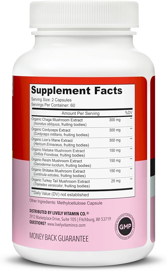 LIVELY VITAMIN CO. Mushroom Magic - Chaga - Cordyceps - Lions Mane - Turkey Tail - Reishi - Shiitake - Maitake - Immune - Energy - Memory - Non-GMO - 120 Vegan Capsules