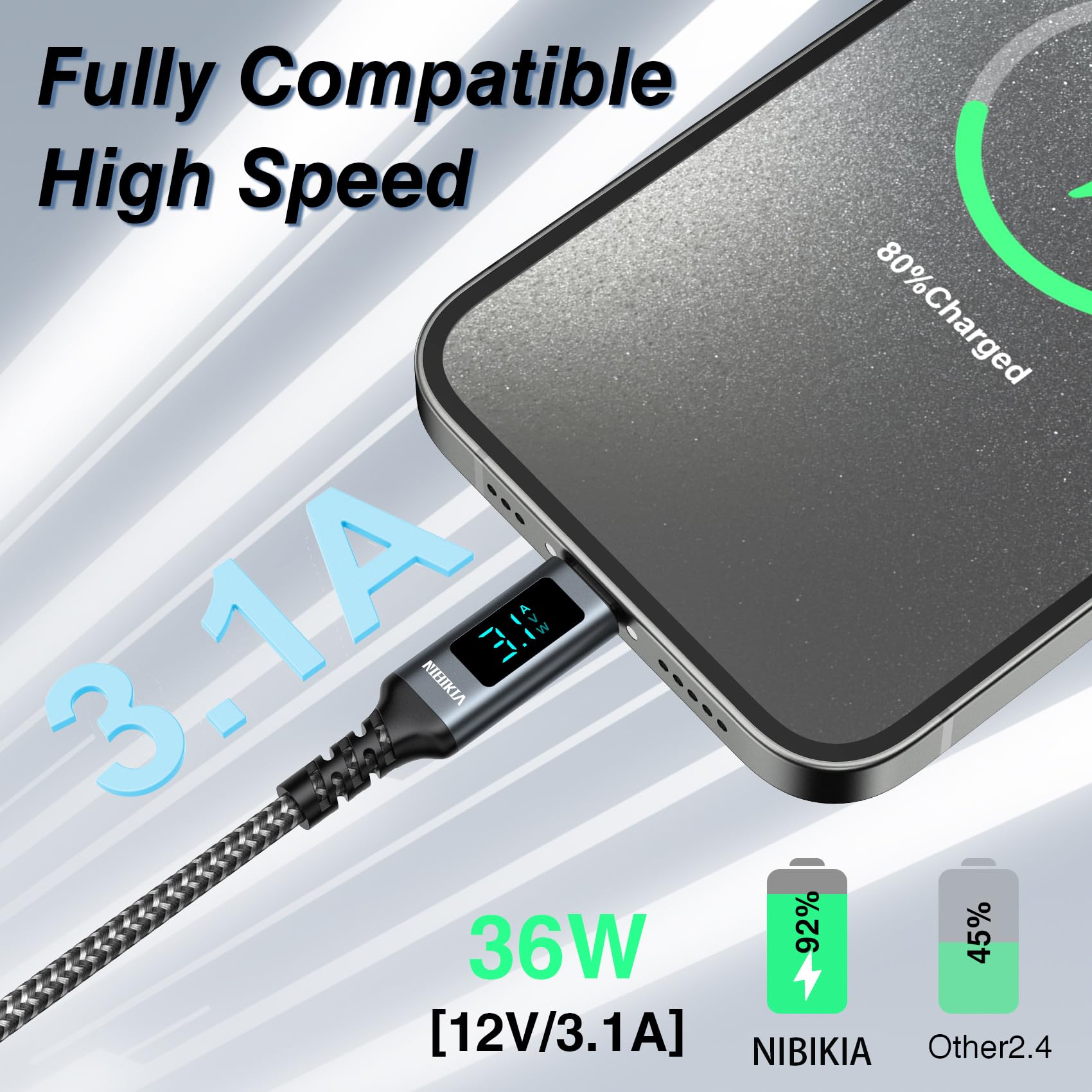 Cavo USB Type-C 2M Cavo USB A a USB C Ricarica Rapida con Display LED Cavo USB Tipo C QC 3.0 & USB 3.0 5Gbps Cavo Tipo C per Samsung S22 Xiaomi Huawei Pixel OnePlus Realme Switch ECC