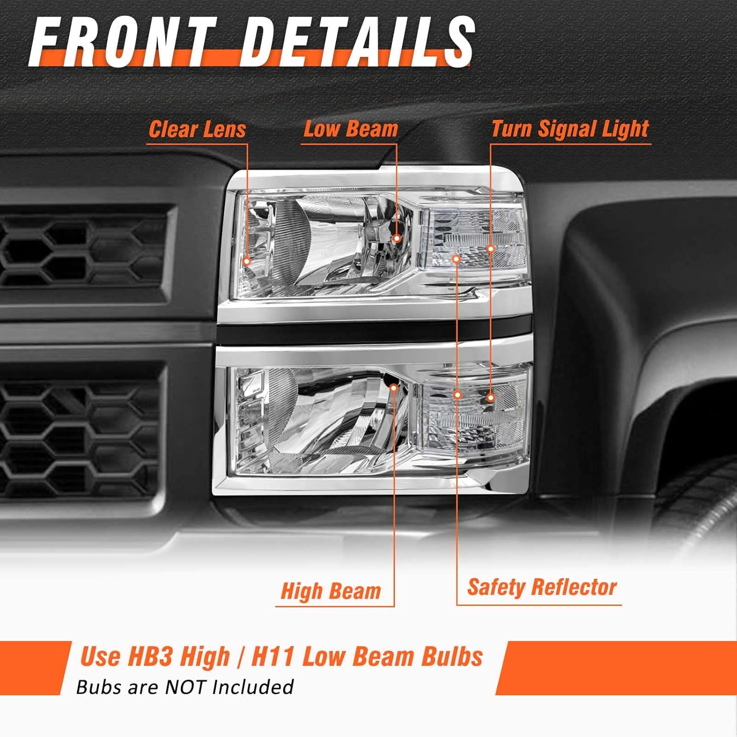 Front view of the AXLAHA headlight assembly showing clear lens, low beam, turn signal light, high beam, and safety reflector. Text indicates use of HB3 for high beam and H11 for low beam, and that bulbs are not included.