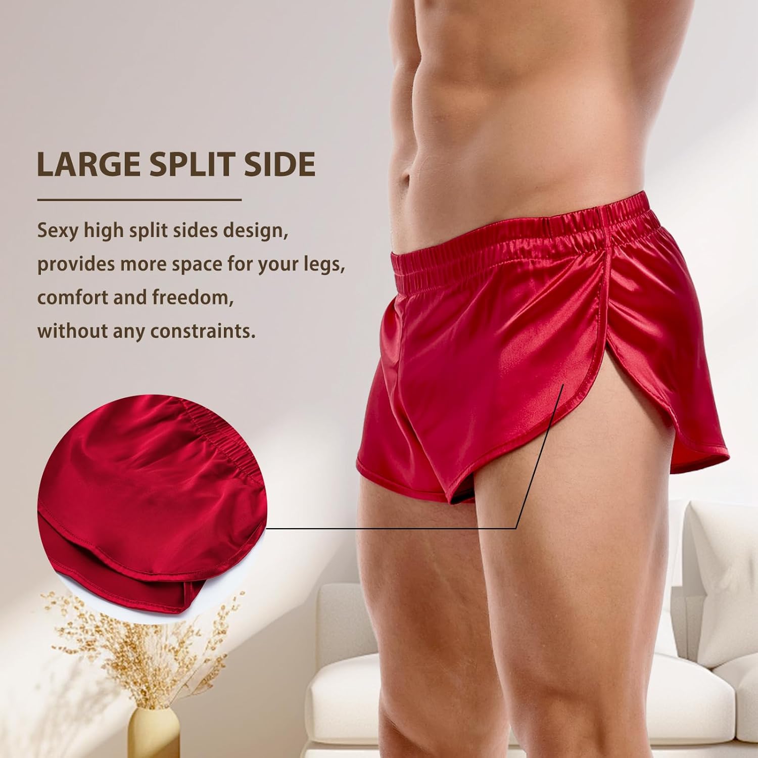 AMY COULEE Mens Sexy Satin Shorts Large Split Side Boxers Silky Pajamas Sleepwear with Pouch Liner - Image 4