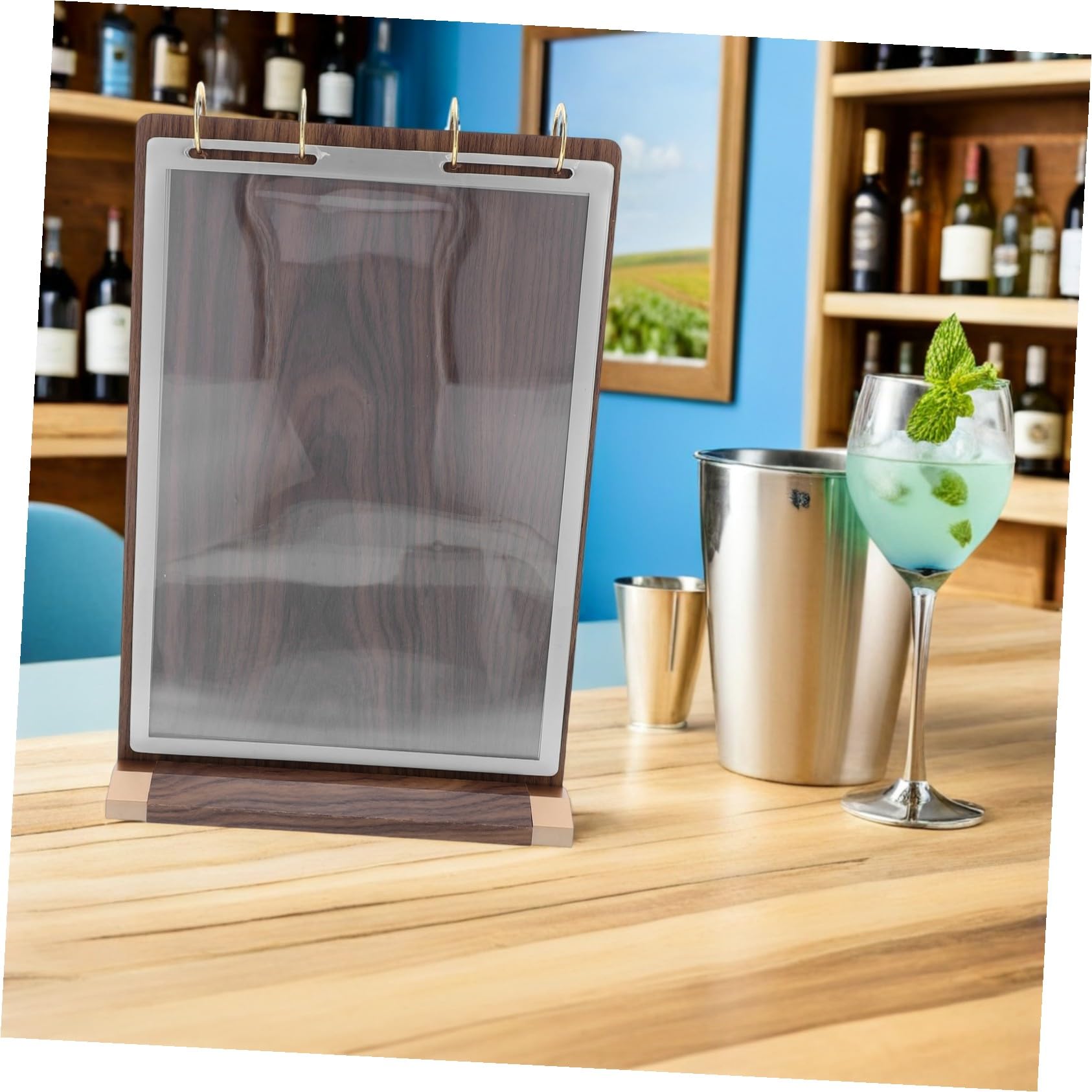 Soporte de Señalización de Escritorio de Nogal Soporte Estable con Base de Madera Exhibidor Giratorio de Páginas Caras Portamenús Doble Cara para Restaurante Cafetería y Bar