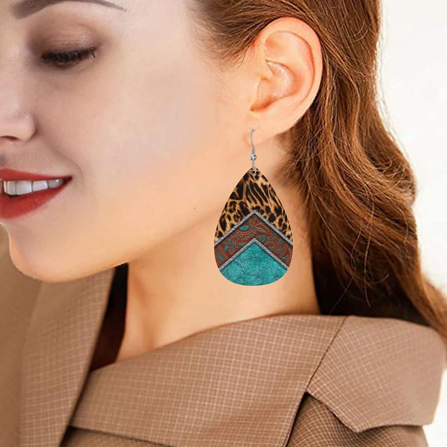 Leopard Print Blue Green Brown Faux Leather Teardrop Earrings for Women Drop Dangle Earrings - Image 7