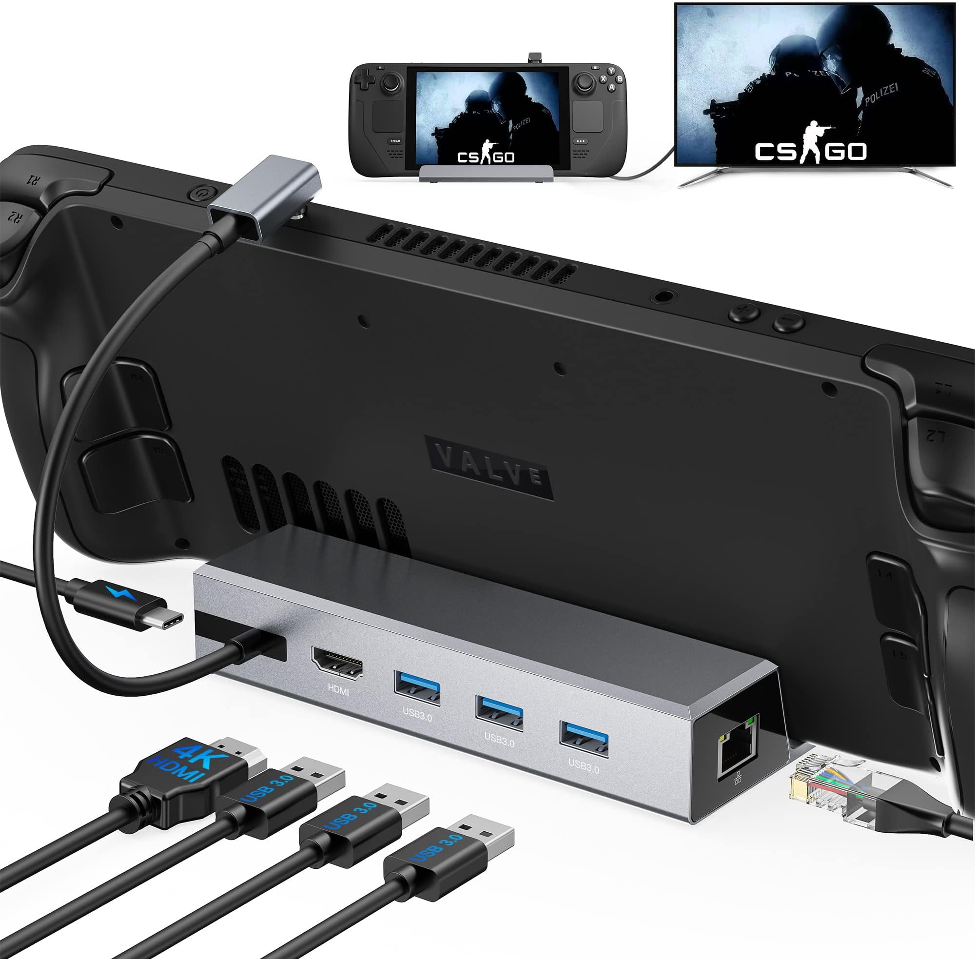 Benazcap 7-in-1 Aluminum Docking Station for Steam Deck OLED 2023/Steam Deck 2021, 4K@60Hz HDMI 2.0, Gigabit Ethernet Port, 3 x USB A 3.0 5Gbps Data Ports, 100W Power Delivery