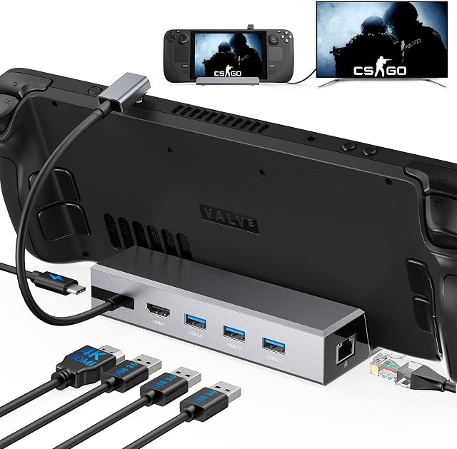 Benazcap Aluminum Docking Station for Steam Deck, 4K@60Hz HDMI 2.0, Gigabit Ethernet Port, 3 USB A 3.0 5Gbps Data Ports, 100W Power Delivery, Compatible with Valve Steam Deck Console