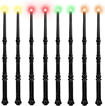 KingVows Light Up Magic Wizard Wand with 4 Color Lights & Sound - Set of 8 Illuminating Witch Sorcerer Toys for Kids Cosplay Party, Black