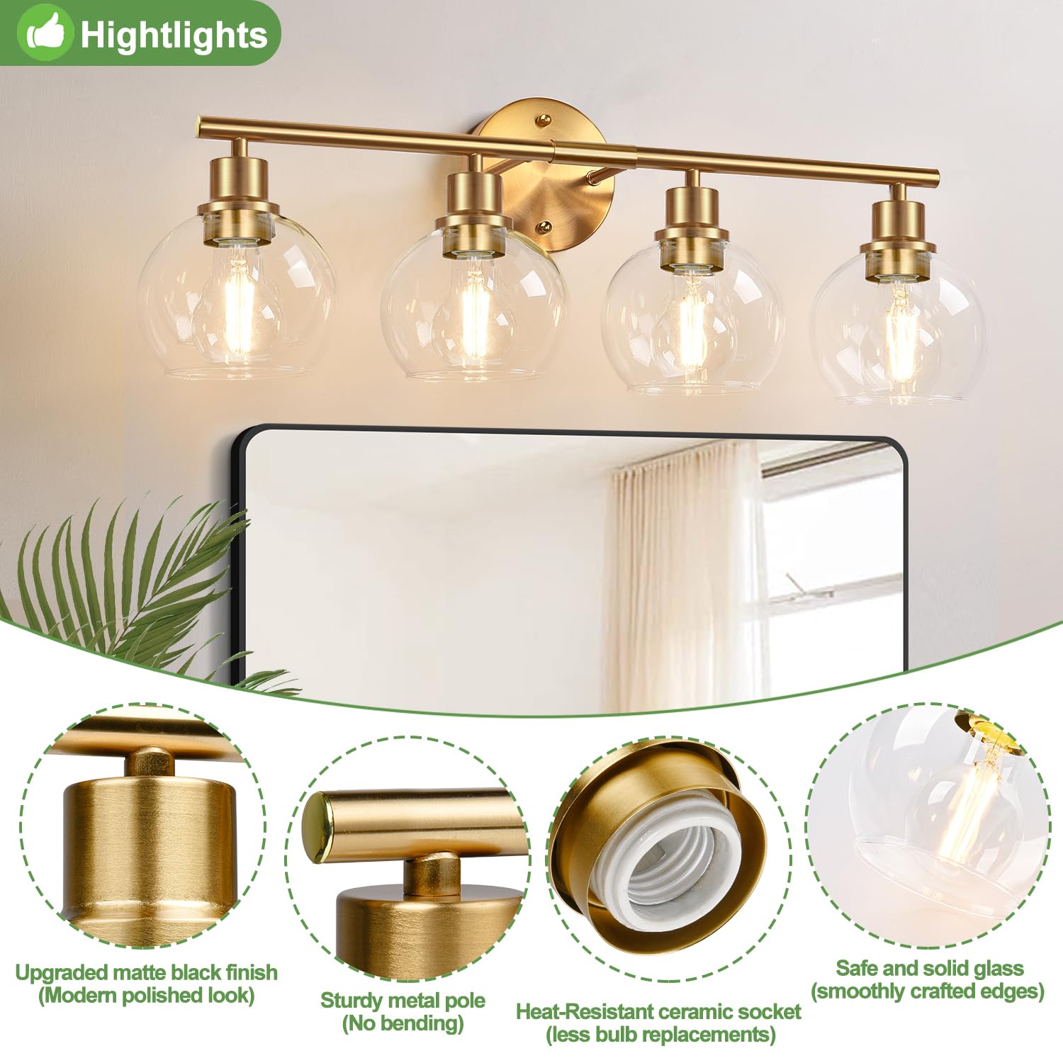 4-Light Gold Bathroom Vanity Light - 32" Mid Century Modern Wall Sconce With Frosted Globe Shades