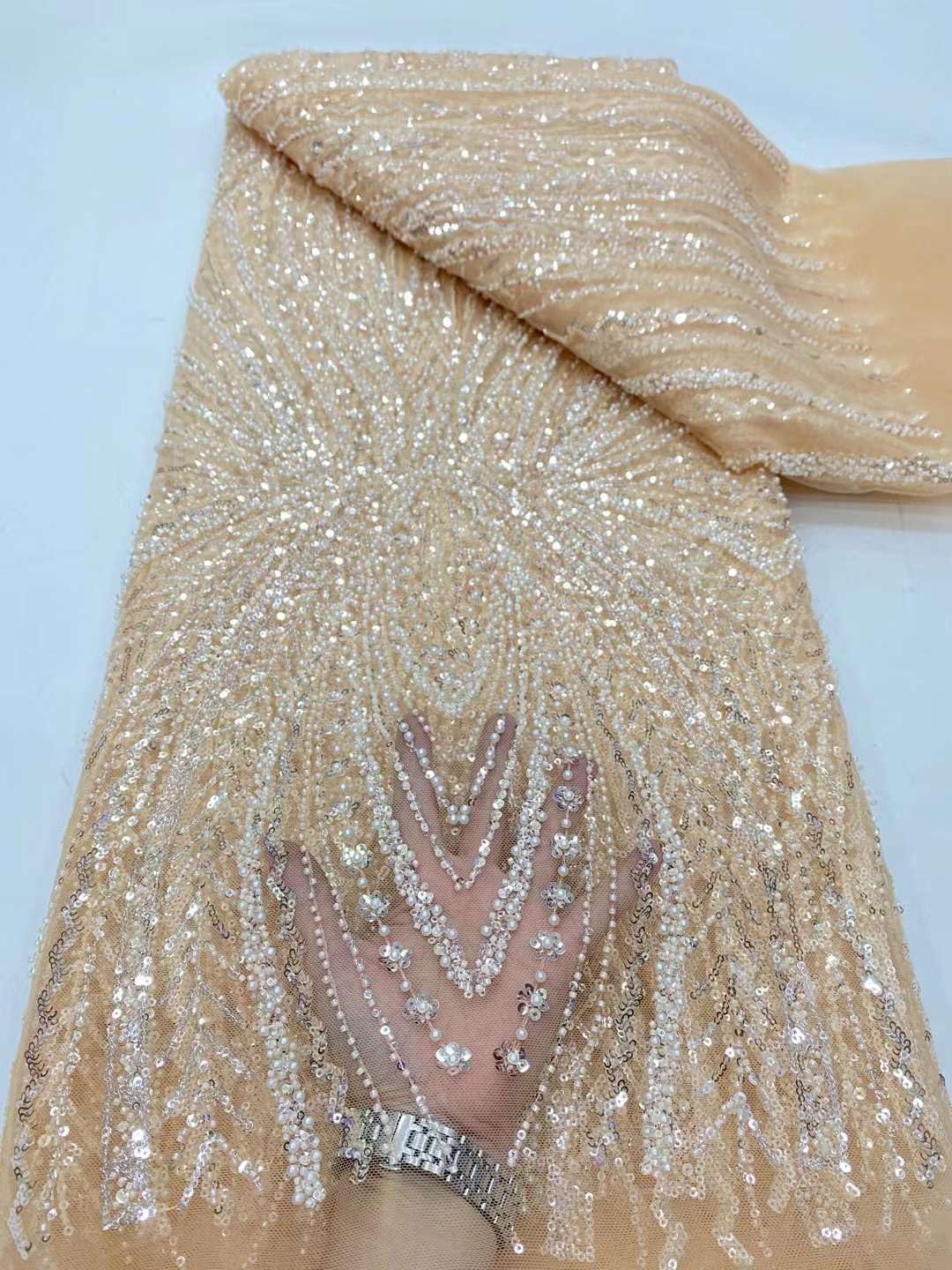 Exquisite Tulle Lace French Sequins Beads Embroidery Fabric for Wedding Sewing (5 Yards,Sky Blue)