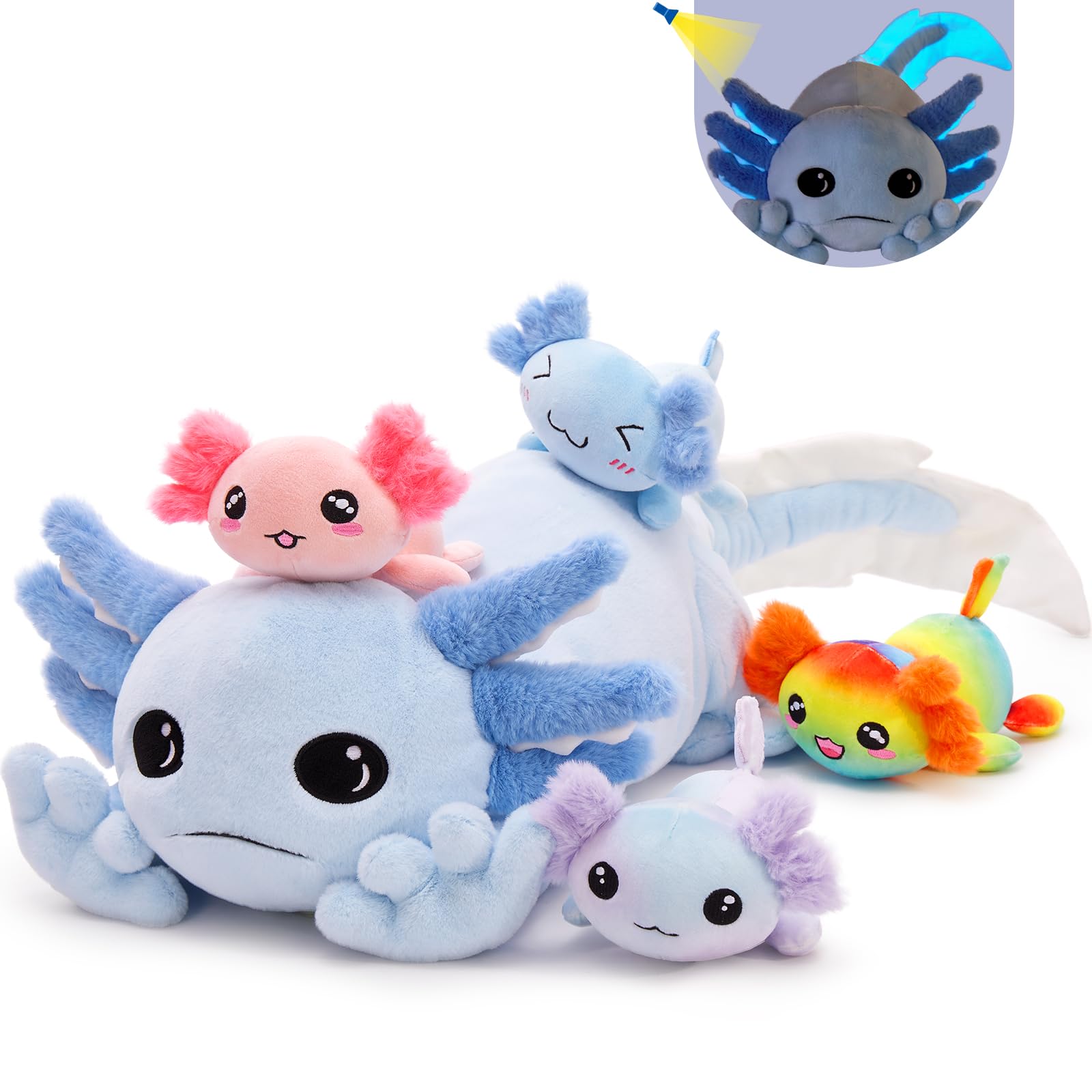 Tezituor Axolotl Plush with 4 Babies, 31.5" Cute Big Axolotl Stuffed Animals Luminous Axolotl Plushies Soft Toy Birthday Gifts for Girlfriends Kids,Blue(Glow in The Dark)