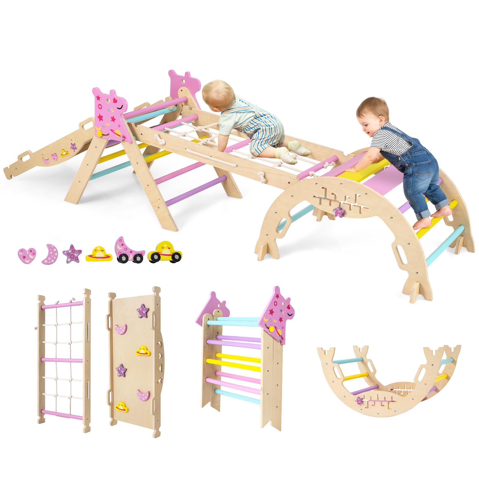 COSTWAY Triángulo de Escalada Interior, Estructura de Escalada Plegable con Tobogán, Arco de Escalar, Triángulo de Madera para Niños de 1+ año (Unicornio-4 Piezas,Macaron Rosa)