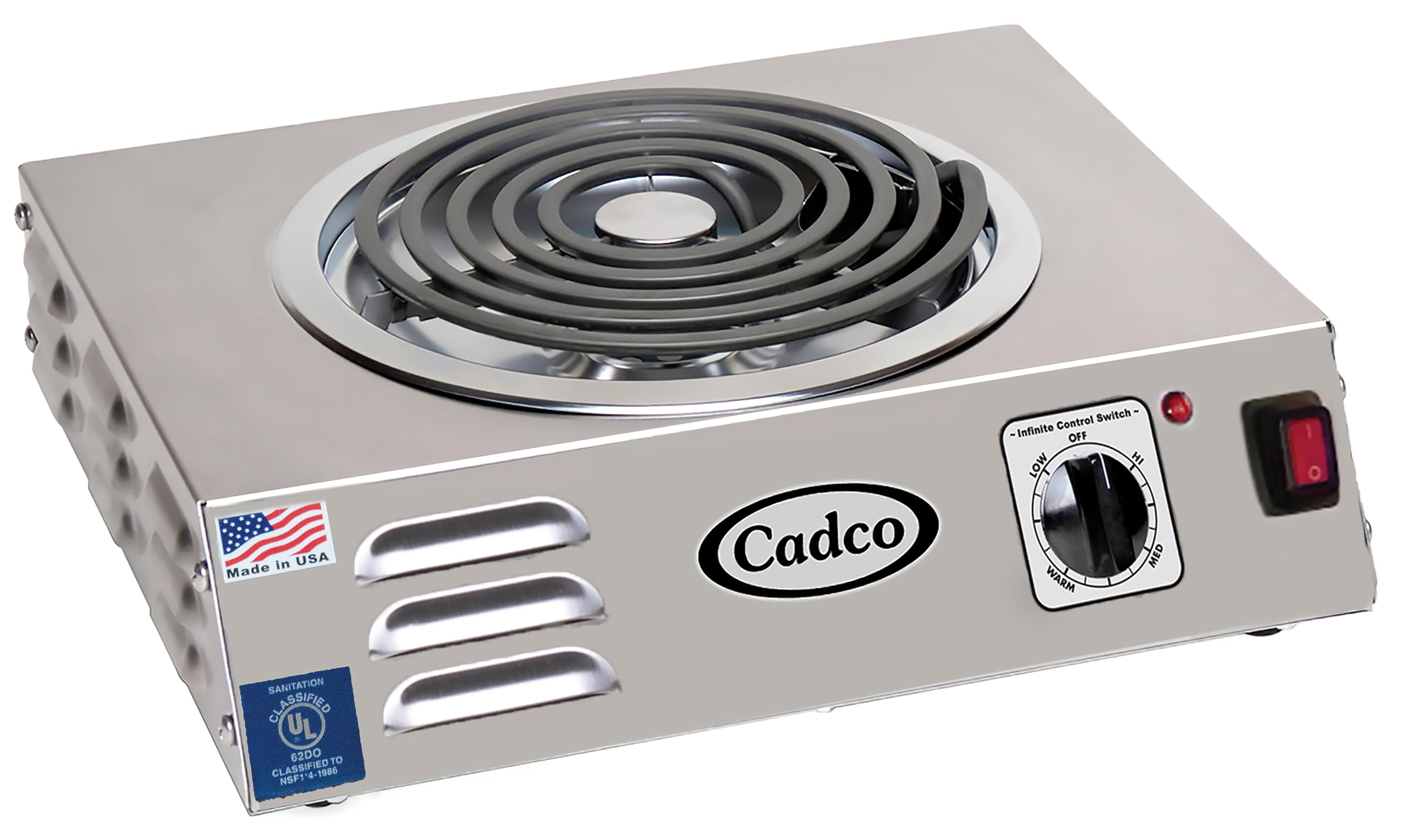 Cadco CSR-3T 14" Electric Portable Countertop Hi-Power Hot Plate w/One Tubular Burner for Restaurant Hotel Food Truck Concession Kiosk, Stainless Steel, 120v