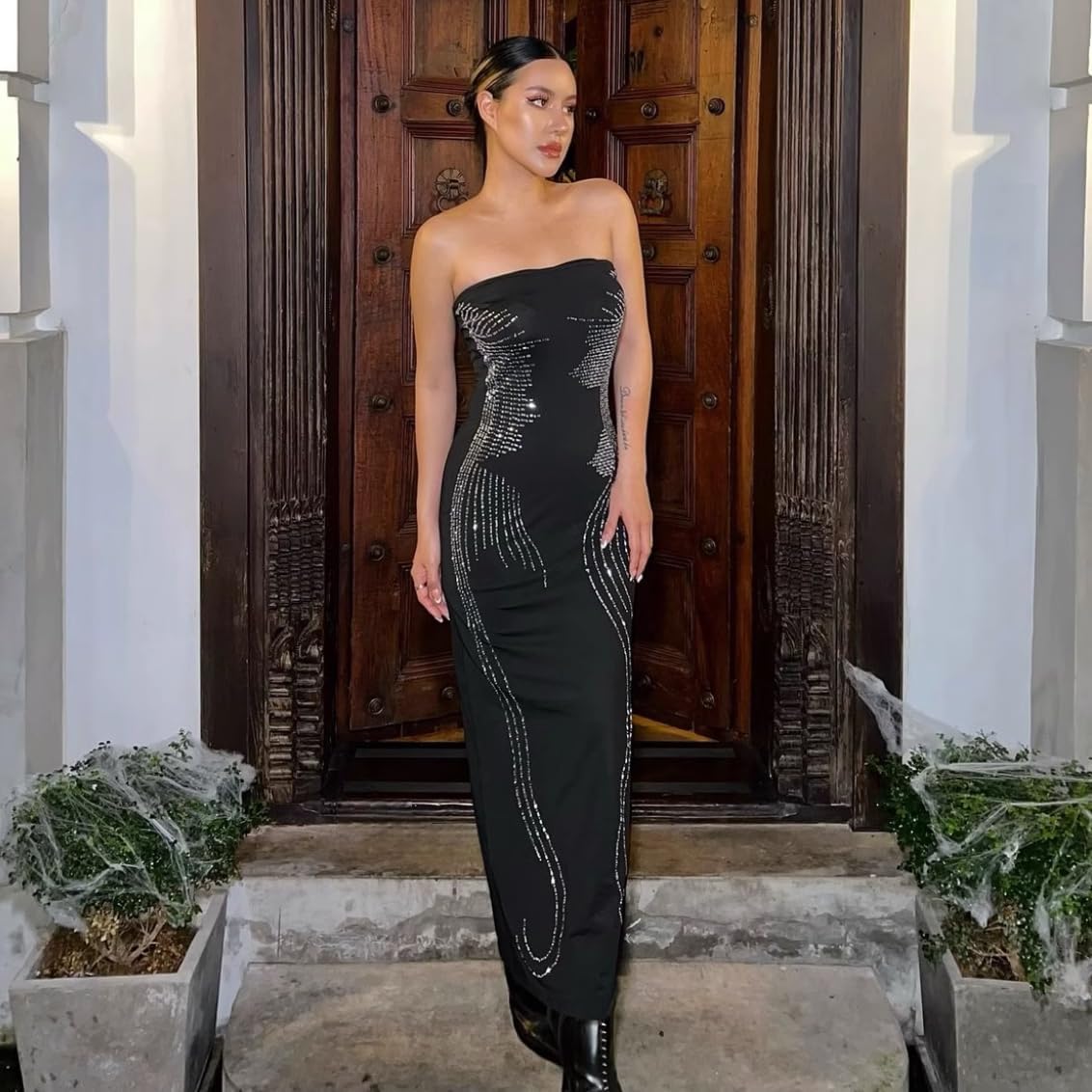 ZGMYC Women's Sparkle Rhinestone Strapless Maxi Dress Sexy Side Split Tube Top Dress Long Bodycon Cocktail Party Dress - Image 3