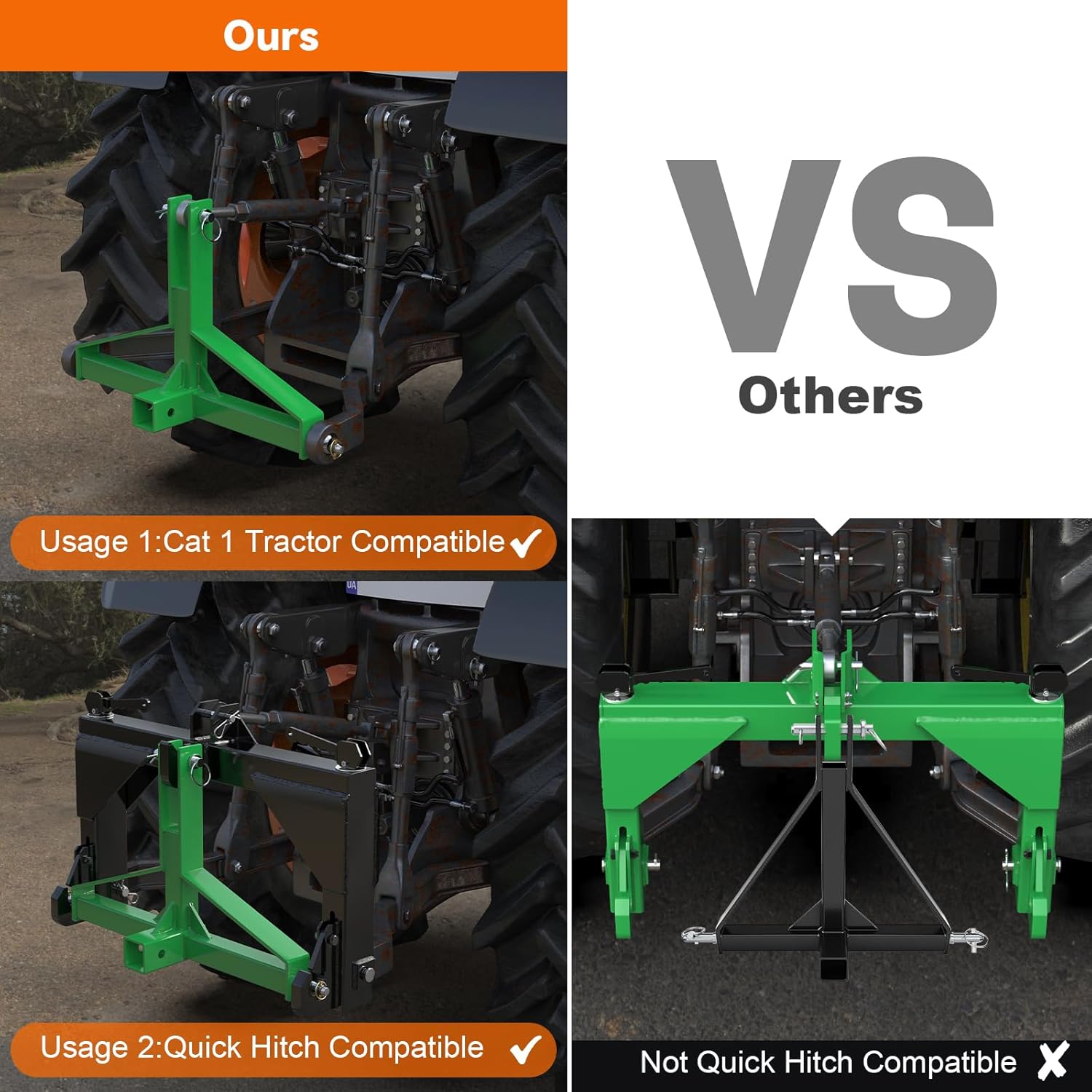 Green 3 Point Hitch Receiver Quick Hitch Compatible, 3 Point Trailer Hitch 2" Receiver for Category 1 Tractor, 3 Pt Trailer Towing Hitch Tractor Drawbar for Kubota, John Deere, BX, Kioti, Yanmar etc - Image 7