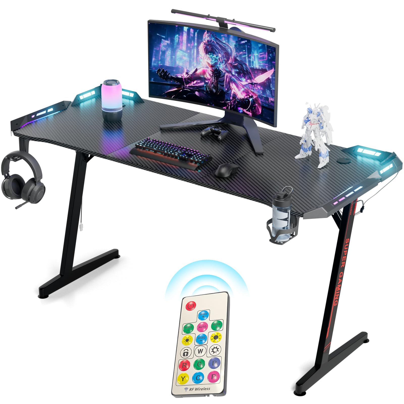 Huracan Gaming Tisch 160cm mit LED RGB Beleuchtung, XXL Gaming Schreibtisch mit Kohlefaser Oberfläche, 10-stufig dimmbar, Stabiler Z-Form PC Tisch Computertisch mit Kopfhörerhaken & Getränkehalter