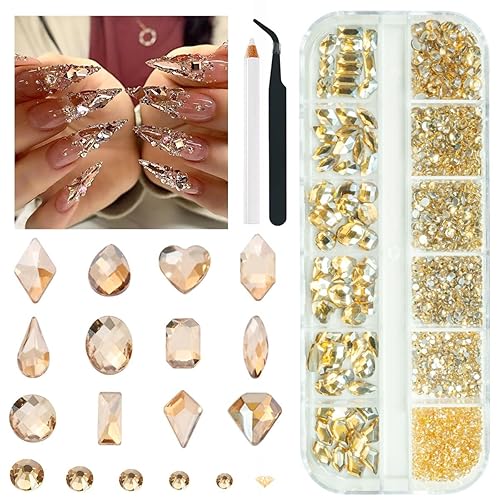 2052 piezas de pedrería dorada para uñas, 72 piezas de formas múltiples de cristal con base plana champán dorado + 1980 piezas de cuentas redondas