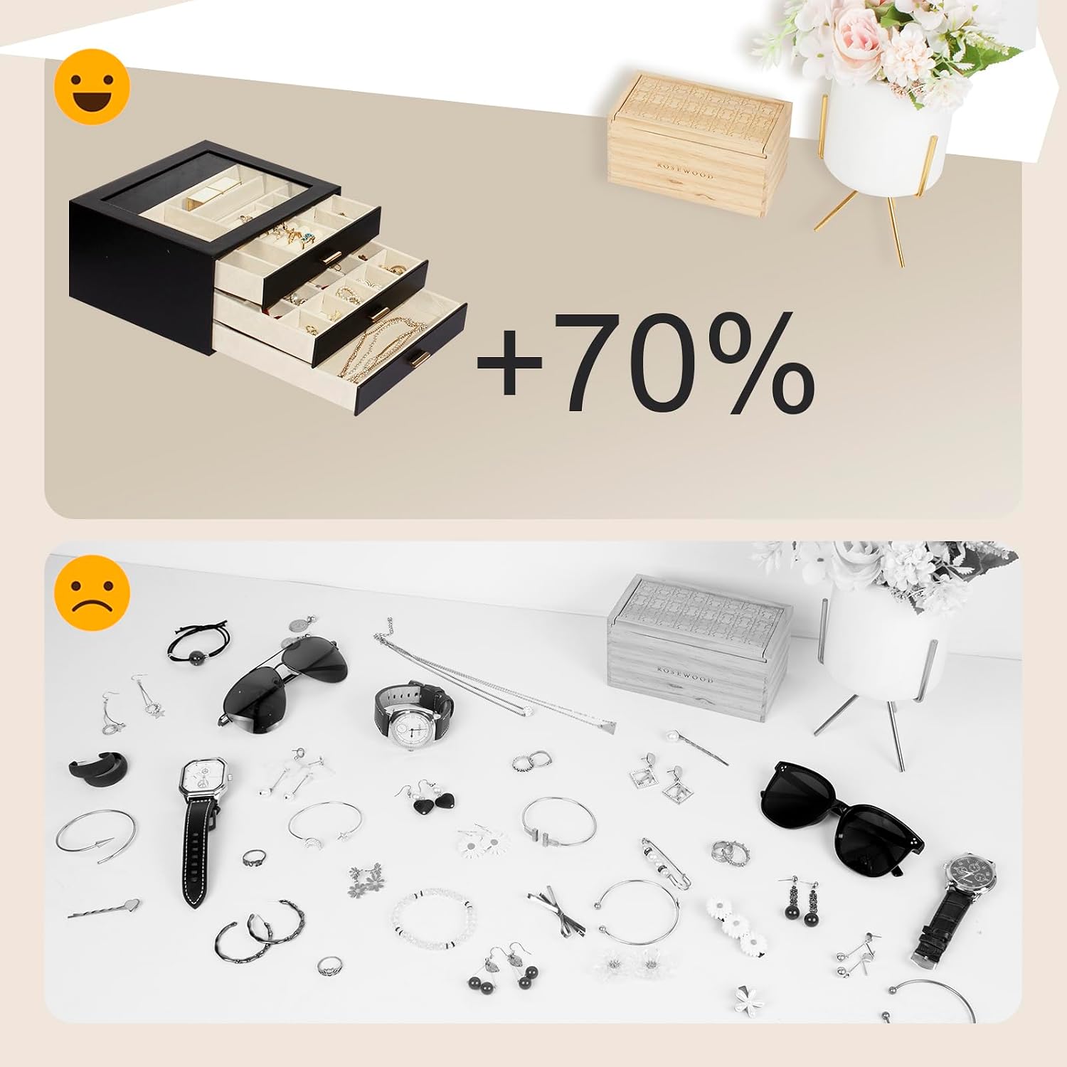 Jewelry Box with Glass Lid, 3-Layer Jewelry Organizer for Women Girls, PU Leather Display Case with 20-Grid Earring Tray & Movable Dividers for Necklaces Rings,Black