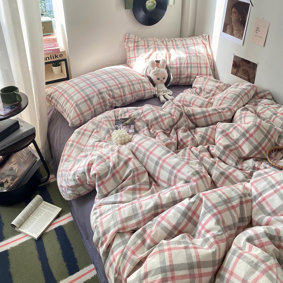 Image of EAVD Vintage Style Plaid Duvet Cover Queen Grey Pink Grid Soft 100% Washed Cotton Reversible Bedding Set Farmhouse Grid Checkered Bedding Set with 2 Pillowcases Modern Gingham Duvet Cover with Zipper